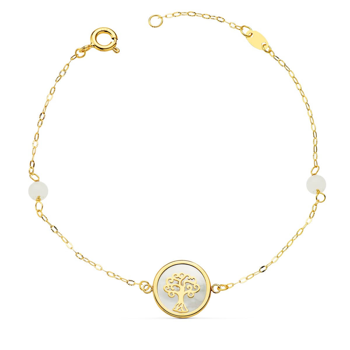 Collier Bracelet Or Jaune 18K avec Arbre de Vie 12 mm et Boules de Jade 4 mm Chaîne 18 25 Cm