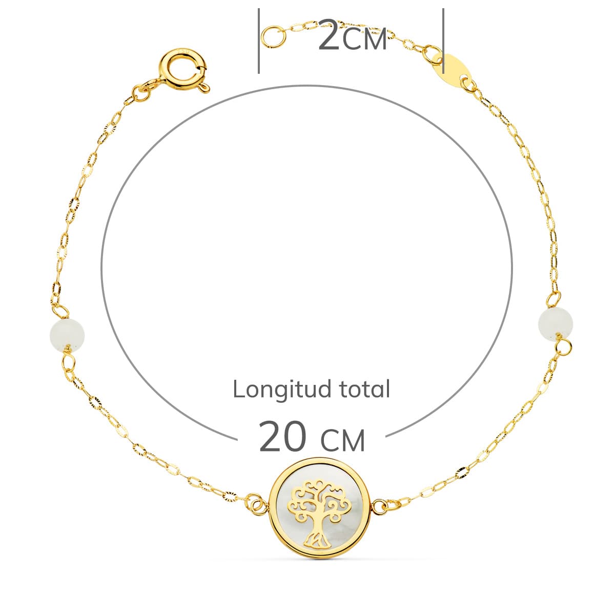 Collier Bracelet Or Jaune 18K avec Arbre de Vie 12 mm et Boules de Jade 4 mm Chaîne 18 25 Cm