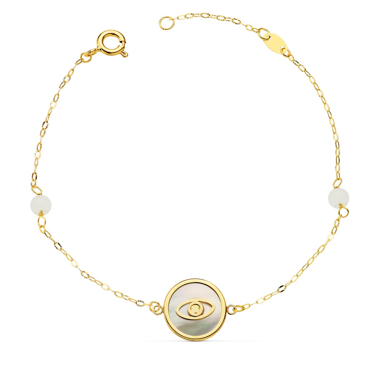 Collier Bracelet Or Jaune 18K avec Oeil Turc 12 mm et Boules de Jade 4 mm Chaîne 18 25 Cm