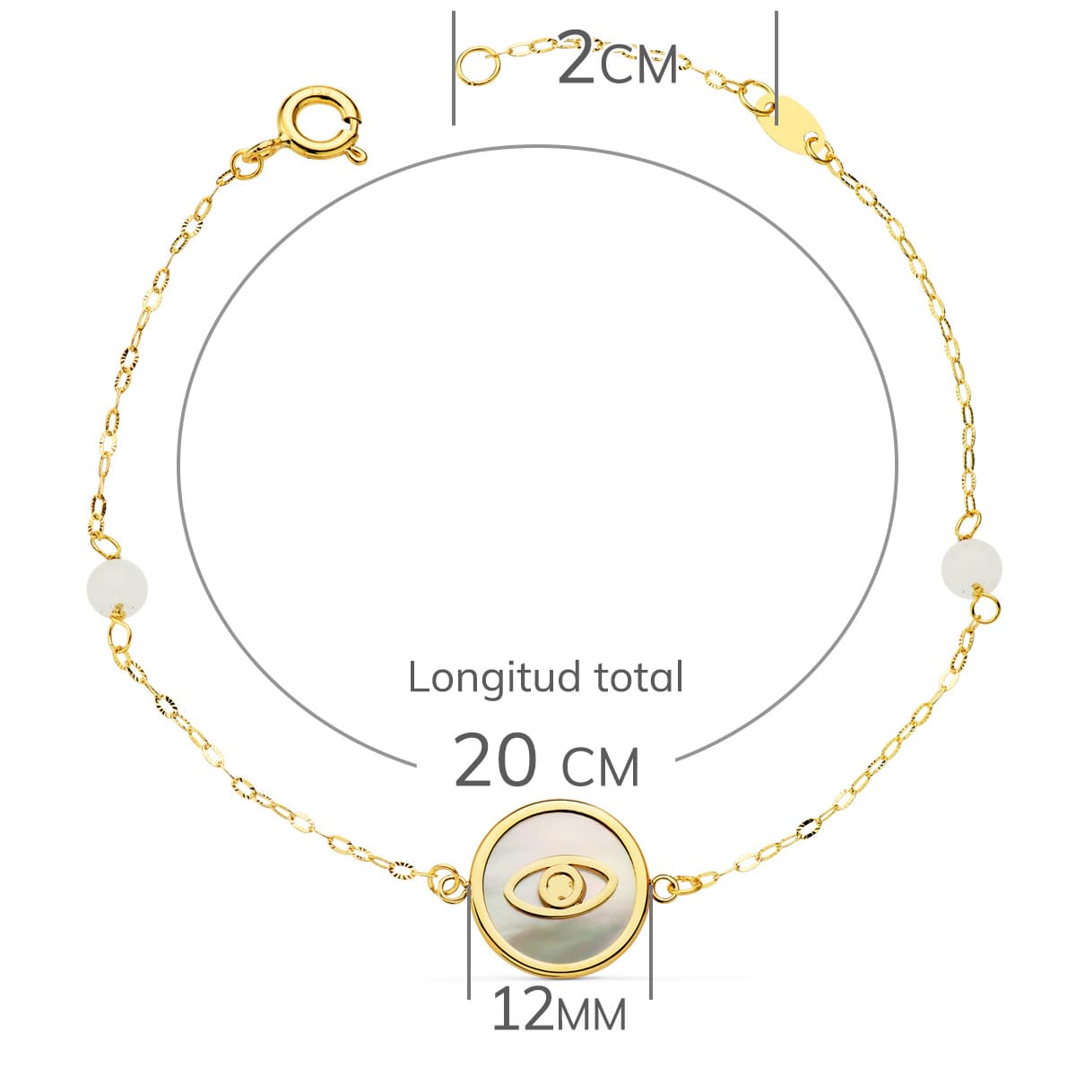 Collier Bracelet Or Jaune 18K avec Oeil Turc 12 mm et Boules de Jade 4 mm Chaîne 18 25 Cm