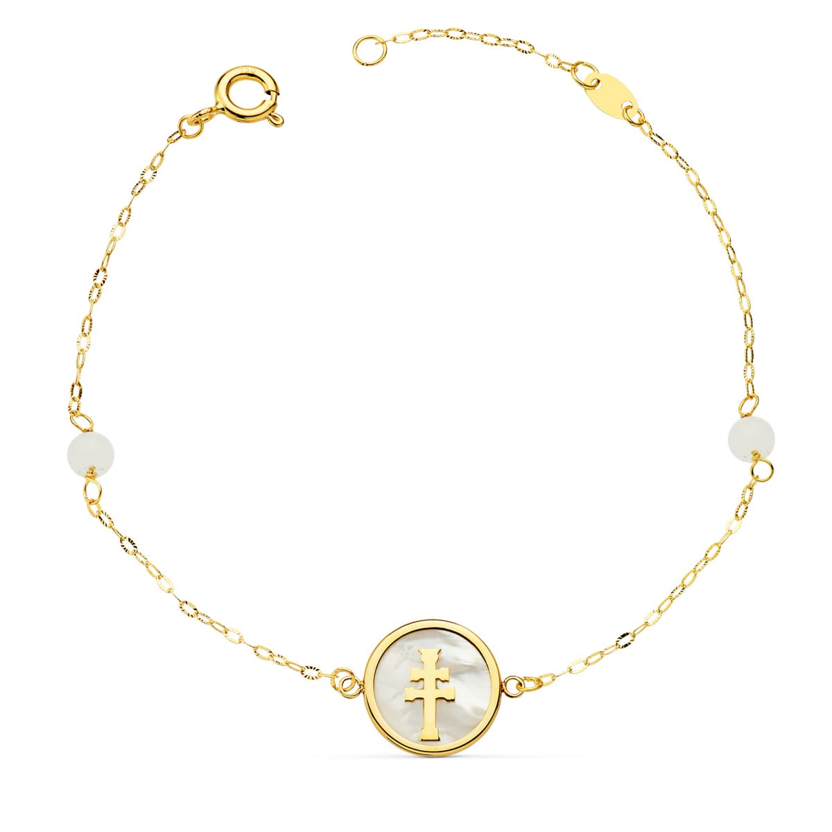 Collier Bracelet en Or Jaune 18K avec Croix Caravaca 12 mm et Boules de Jade 4 mm Chaîne 18 25 Cm