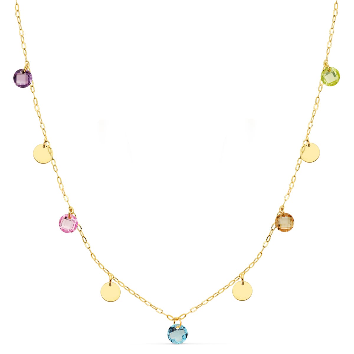 18K Collier Or Jaune Pastilles 5 mm et Pierres 5 mm Chaine Forçat 45 Cm