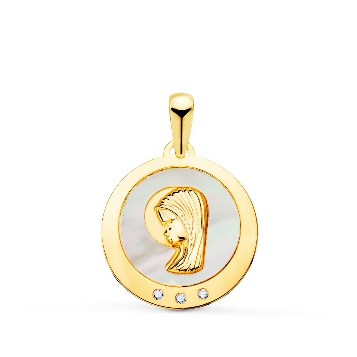 18K Virgin Child-medalje med perlemor og zirkoner 14 mm