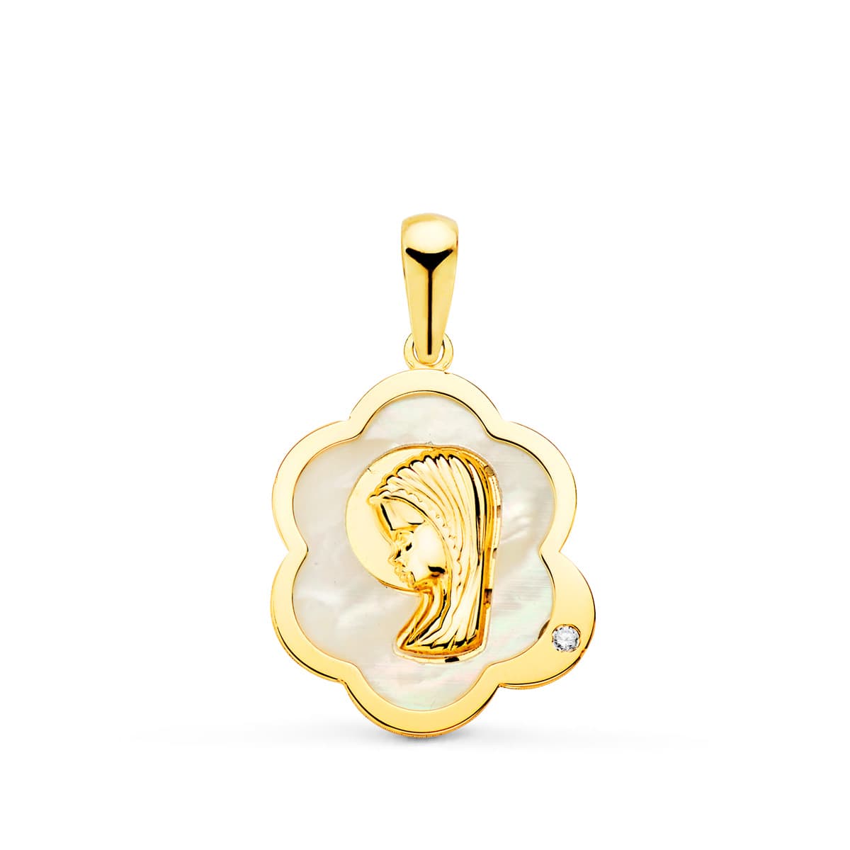 18K Virgin Child Medal Tvar mraku s perletí a zirkonem 15 X 12 mm
