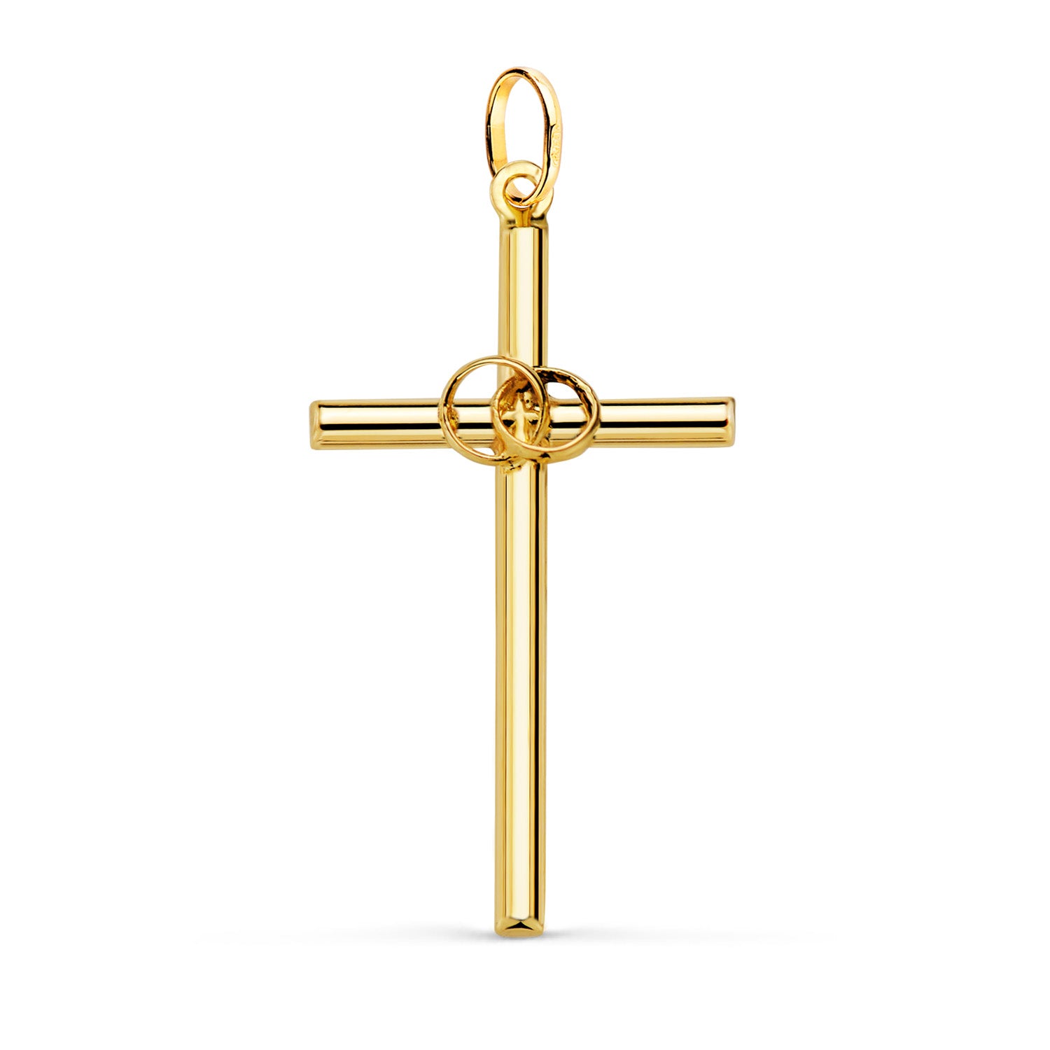 Croix Creuse en Or Jaune 18K avec Anneaux de Mariage Taille : 31 X 16,5 mm Épaisseur : 2 mm