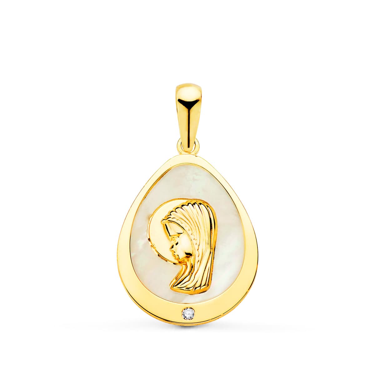 18K Virgin Child Drop Medal med Perlemor og Zirkon 15 X 12 mm