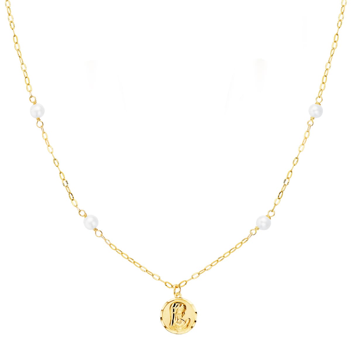 Collier Vierge Fille Or Jaune 8 mm Perles 35 mm Chaîne Forcée 40 Cm
