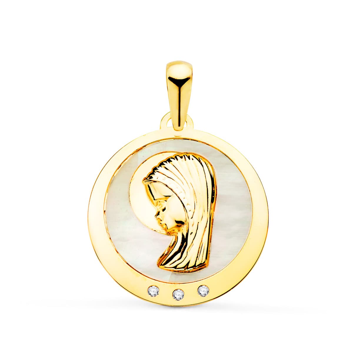 18K Médaille Vierge Enfant avec Nacre et Zircons 19 mm