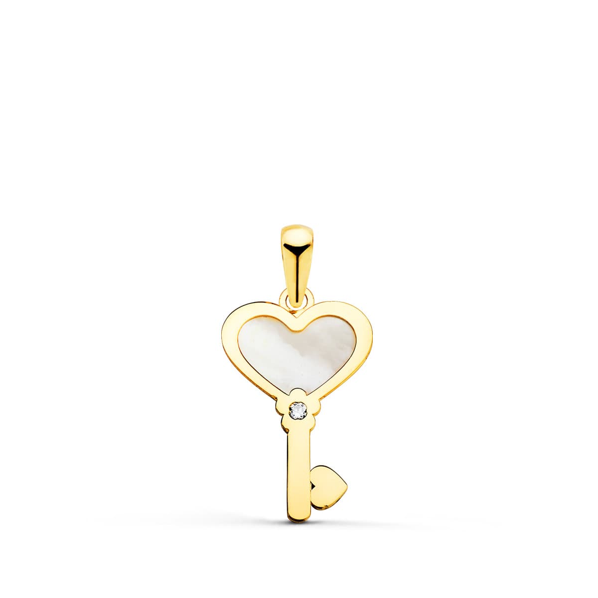 18K gul guld, perlemor og zirkon hjerte og nøgle vedhæng. 18 x 11 mm