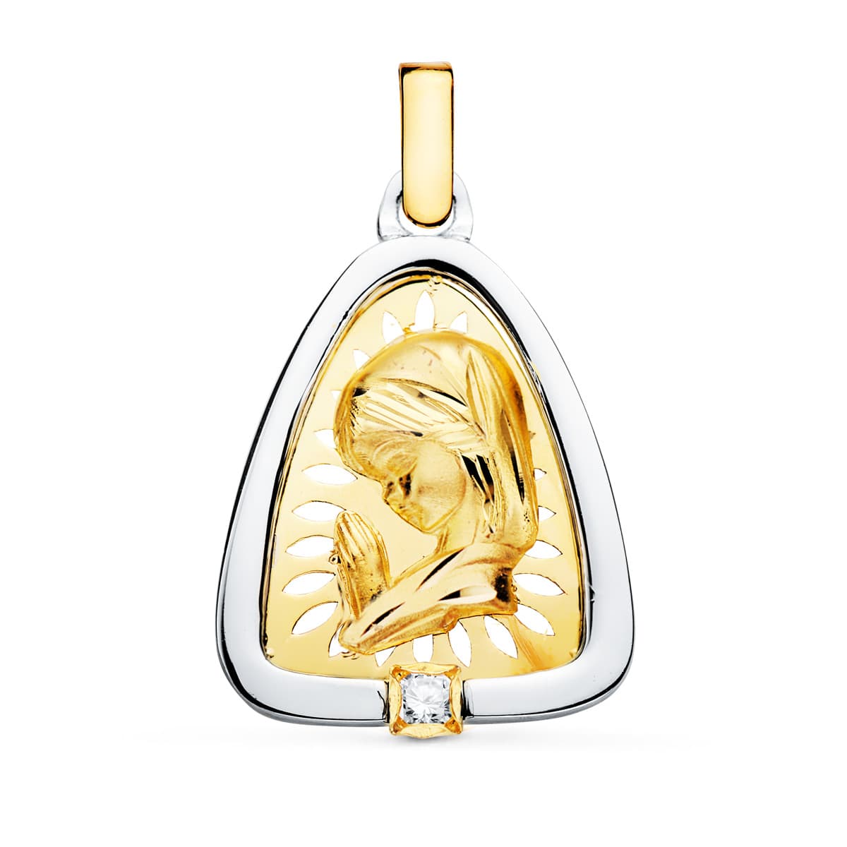 18K Médaille Vierge Enfant Or et Argent avec Oxyde de Zirconium. 21X17 mm