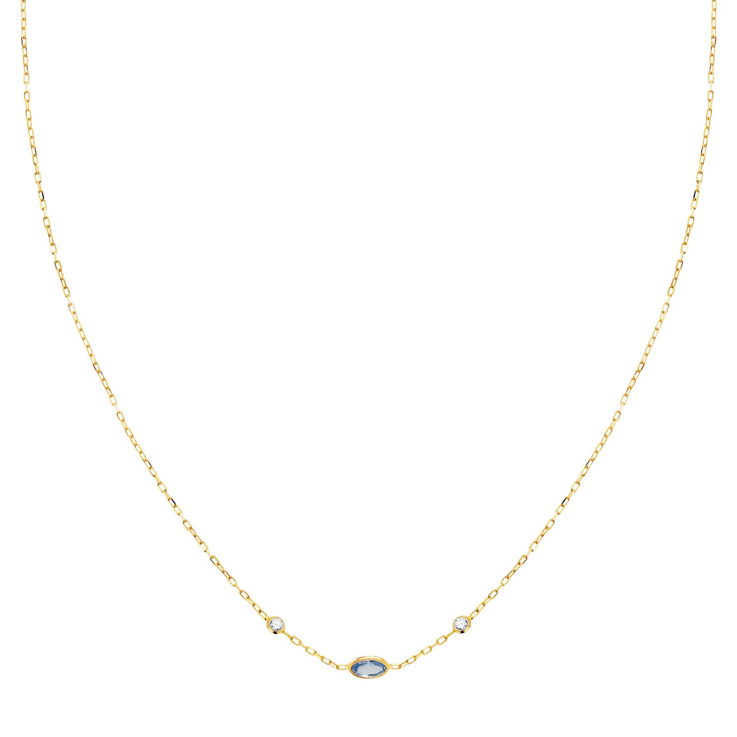Choker Or Jaune 18K Pendentif Aigue-marine 5X3MM Chaîne Forcée 42 Cm