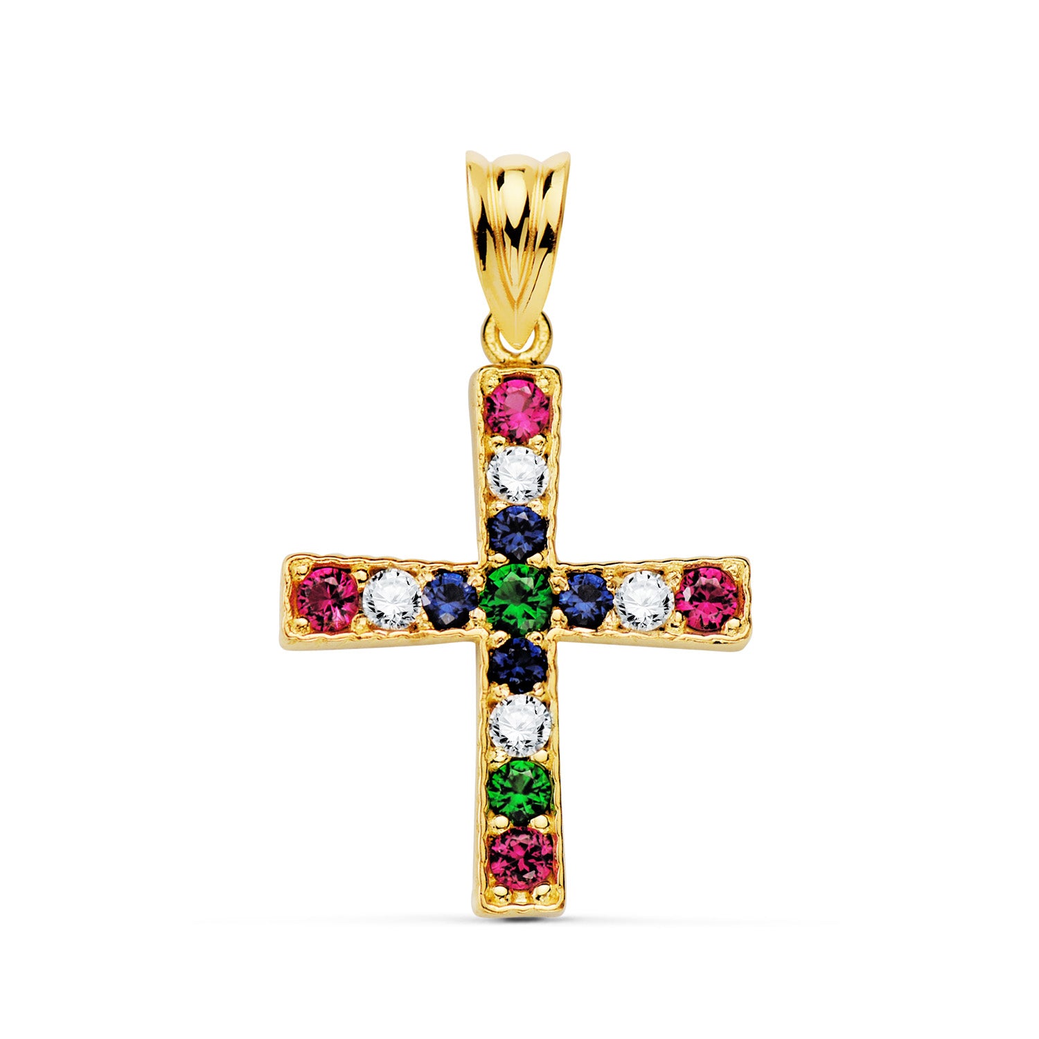 Croix en Or Jaune 18K avec Zircone Rondes de Couleur 22 X 19 mm