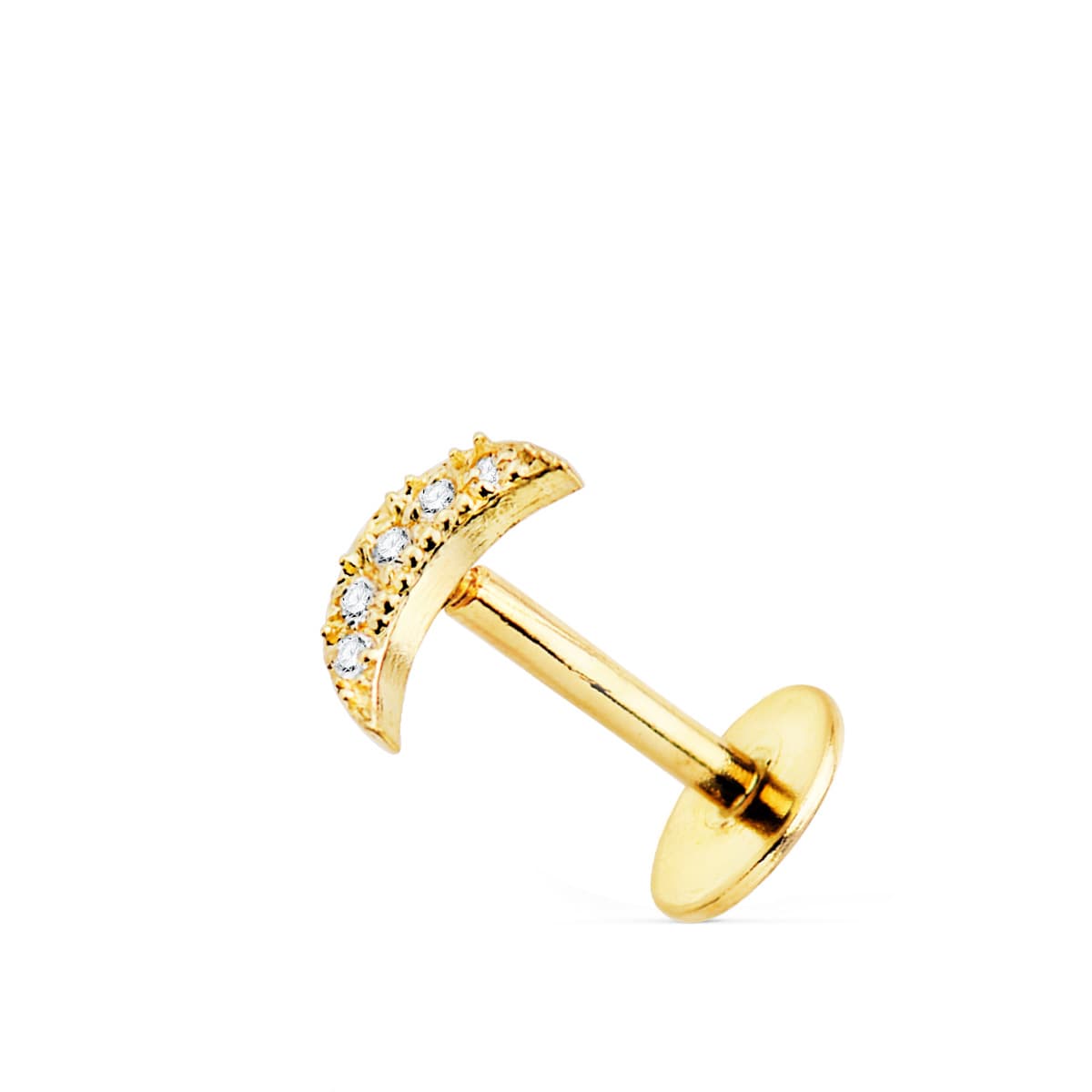 18K Piercing Oreille en Or Jaune Lune et Zircon 6X3 mm (unité)