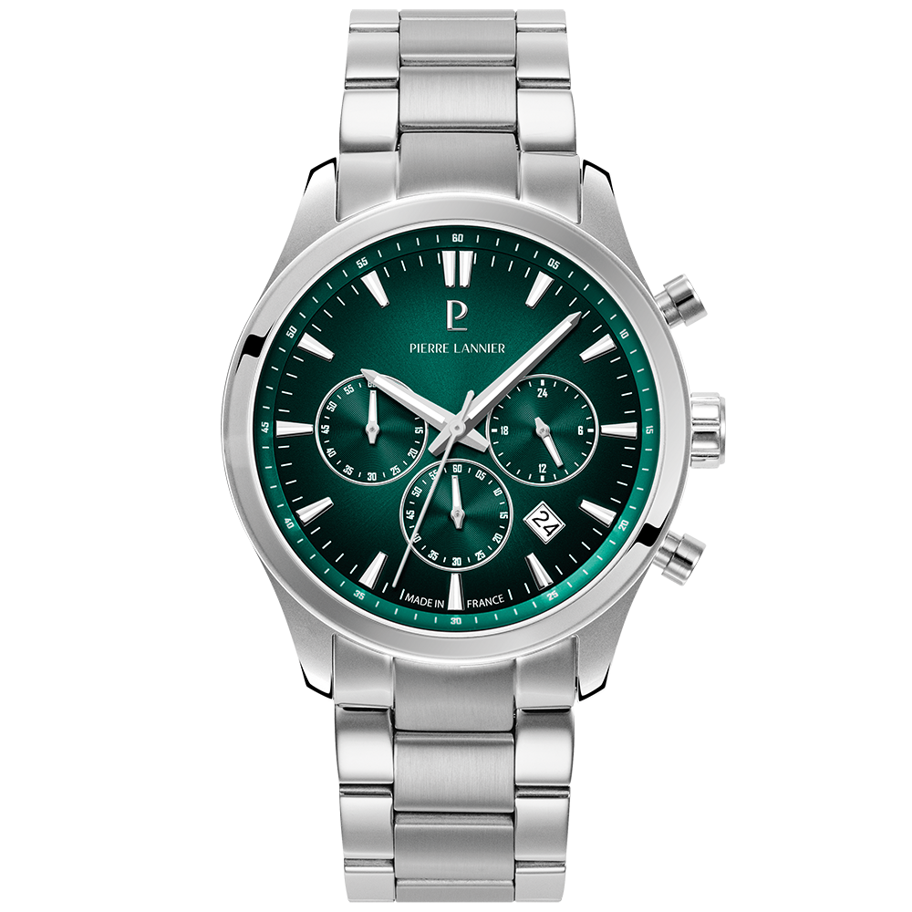 Montre homme Pierre Lannier BOULEVARD 221G171 – cadran vert bracelet acier argenté – vue de face