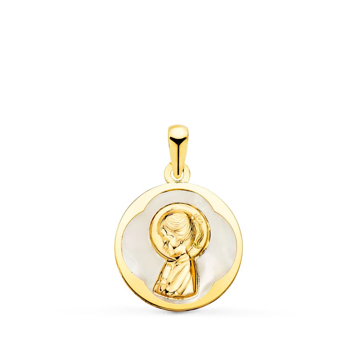 18K Médaille Ronde avec Nacre Vierge Enfant. 15 mm
