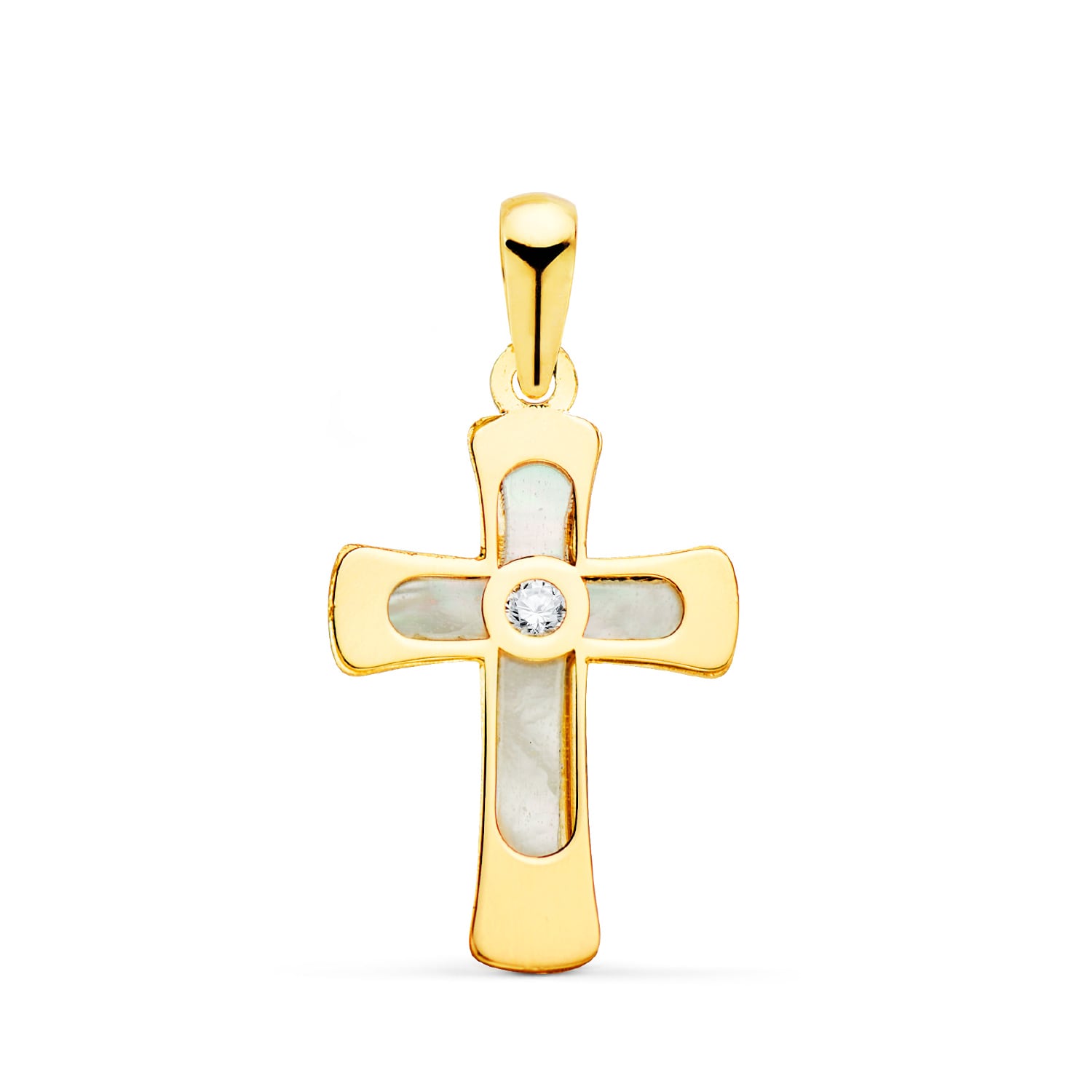 18K Croix en Or Jaune Nacre et Zircon 20 X 12 mm