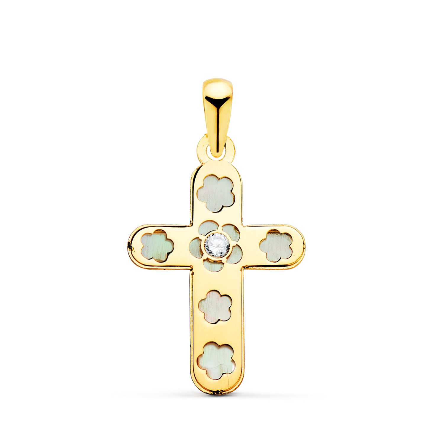 18K Croix Or Jaune Nacre et Zircon 20 X 13 mm