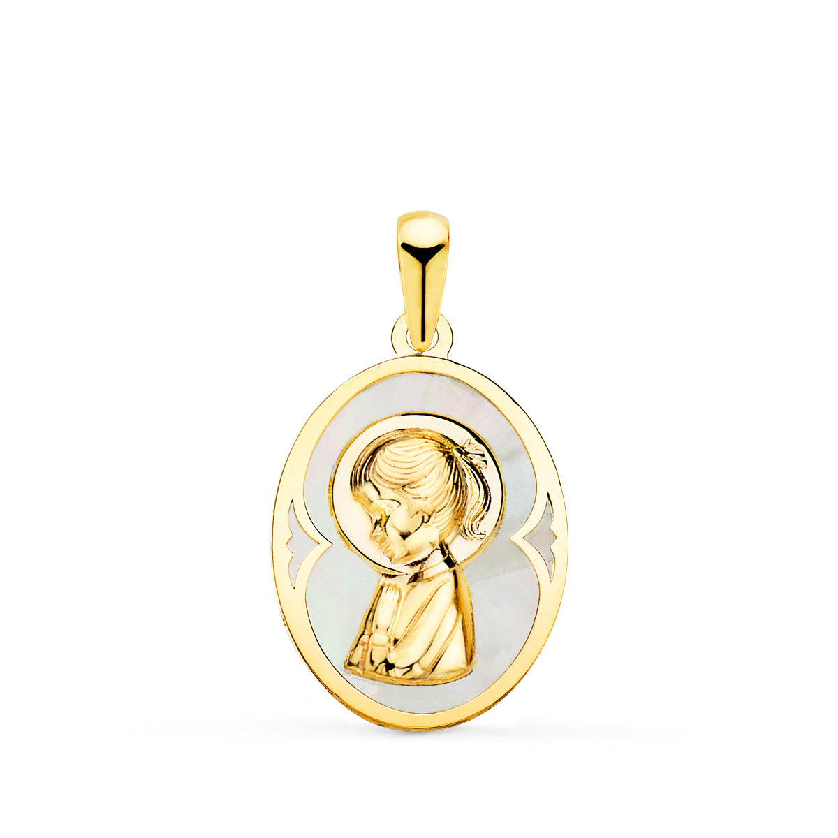 18K Médaille Or Jaune Vierge Enfant Nacre 19 X 14 mm