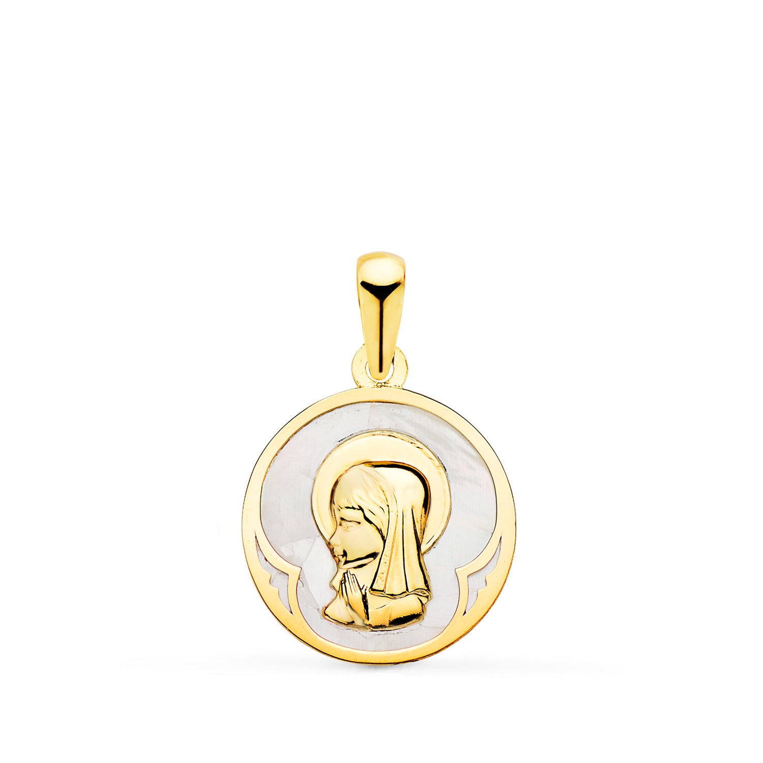 18K Médaille Or Jaune Ronde avec Nacre Vierge. 15 mm