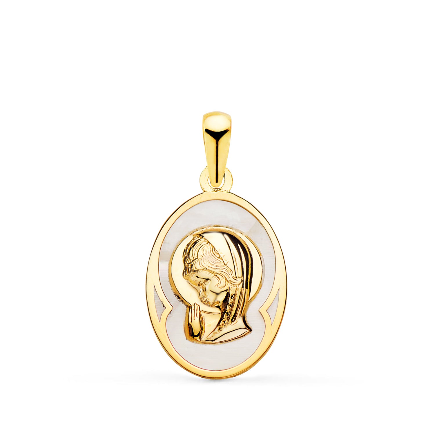 18K Médaille Or Jaune Ovale Nacre et Vierge. 17 X 12 Mm.