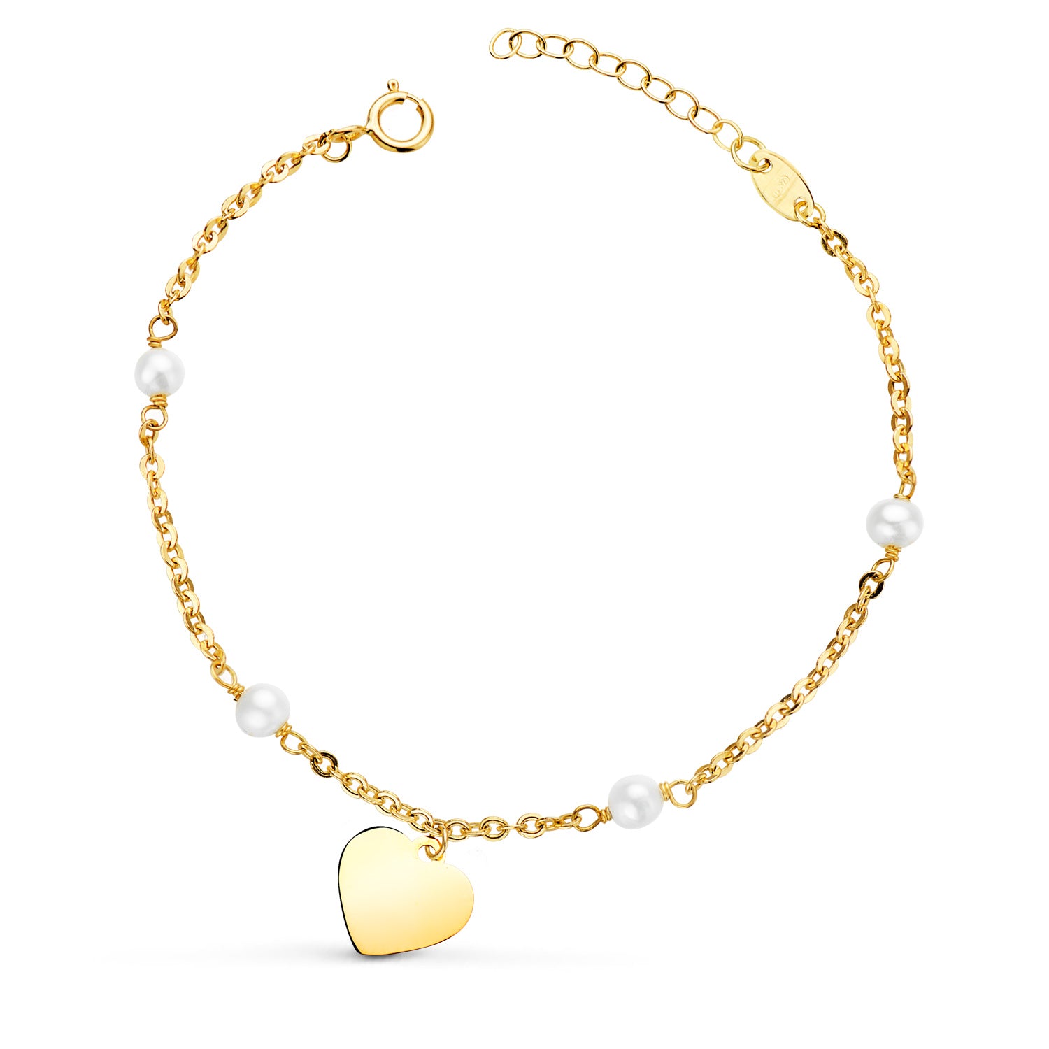 Bracciale in oro giallo 18 carati con perline da 3,5 mm e placca a cuore da 10 mm. Lunghezza 15 2 Cm