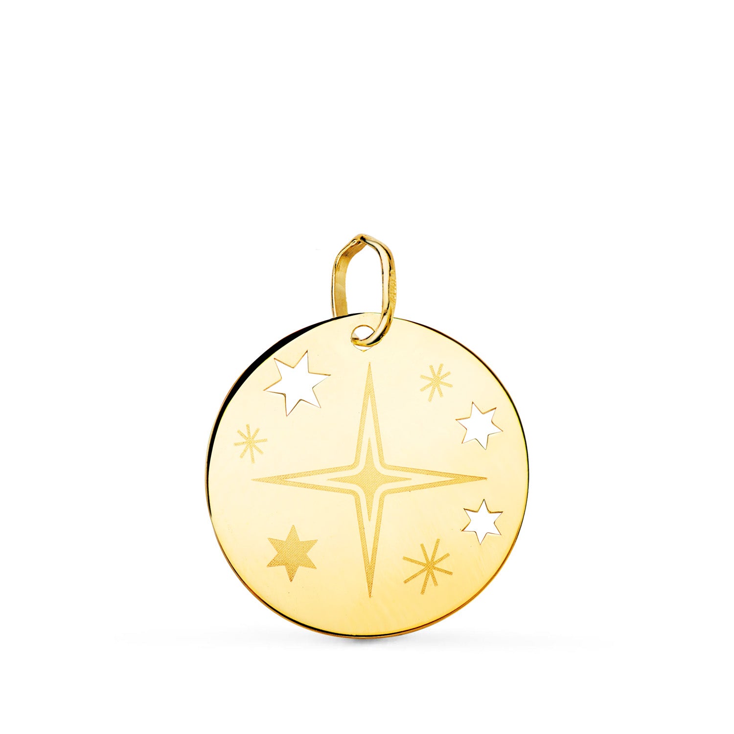 Pendentif Rond Rose des Vents Or Jaune 18K Gravé Brillant 18 mm