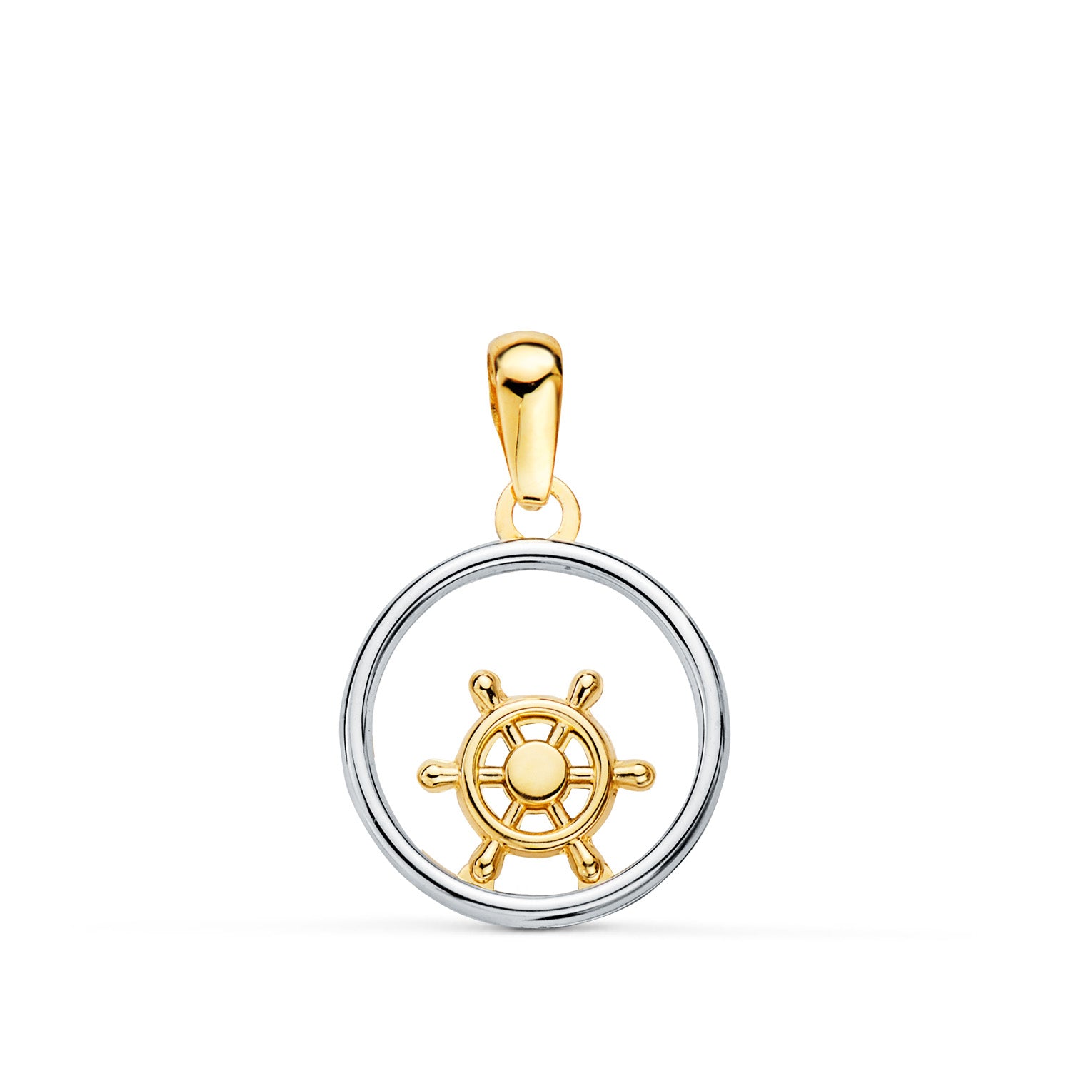 Pendentif Rond en Or Bicolore 18K avec Gouvernail 13MM