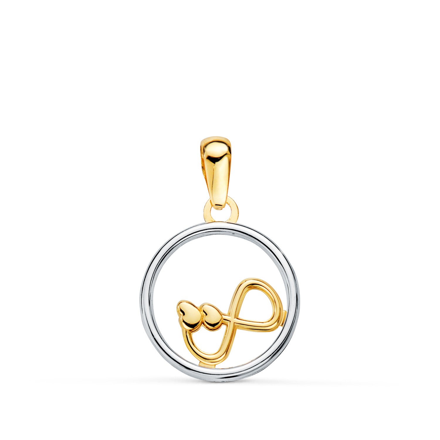 Pendentif Rond en Or Bicolore 18K avec Infini et Coeur 13MM