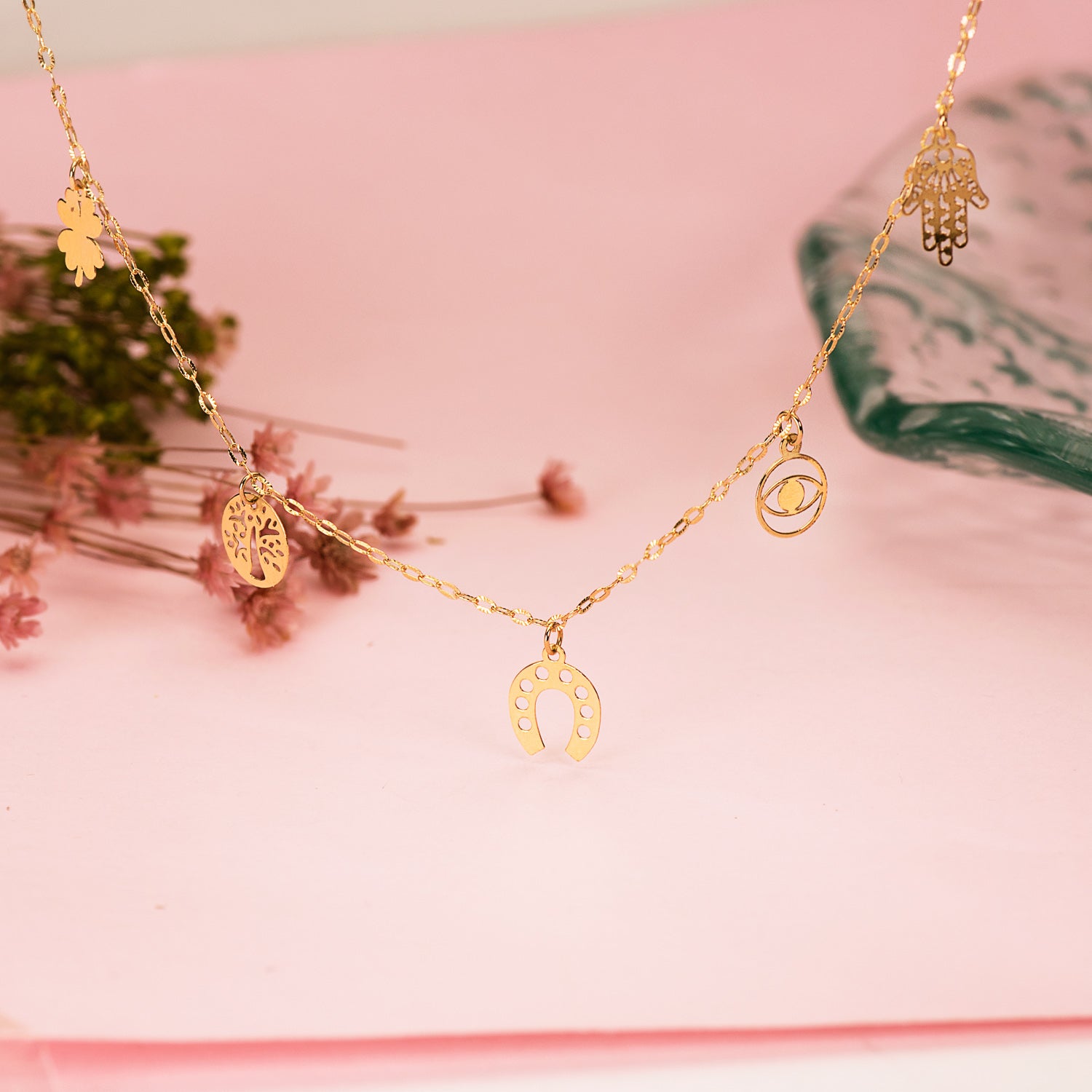 18K Collier en Or Jaune Pendentifs Porte Bonheur Chaîne Forçat 42 3 Cm