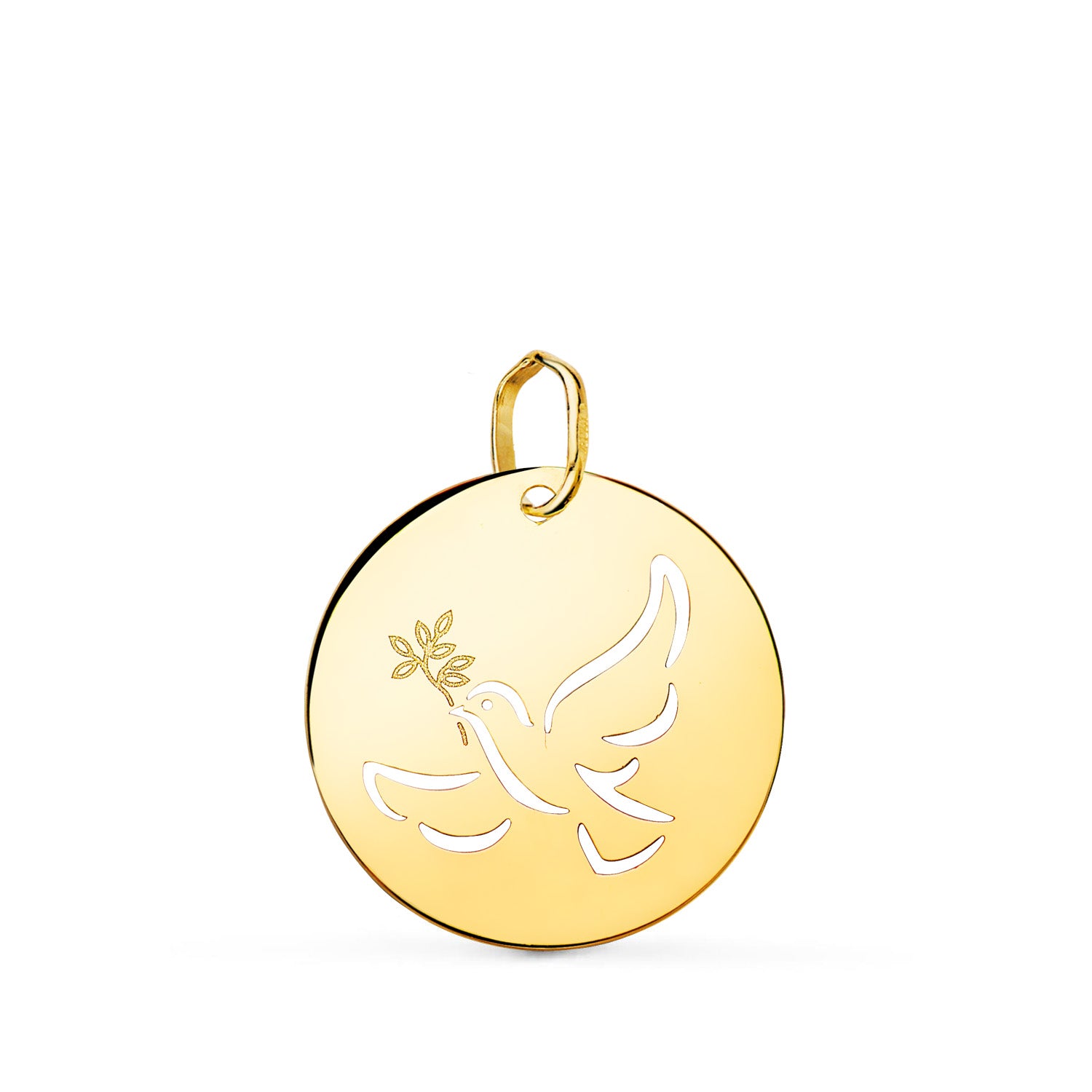 18K Pendentif en Or Jaune Rond avec Colombe Ajourée Brillant 18MM