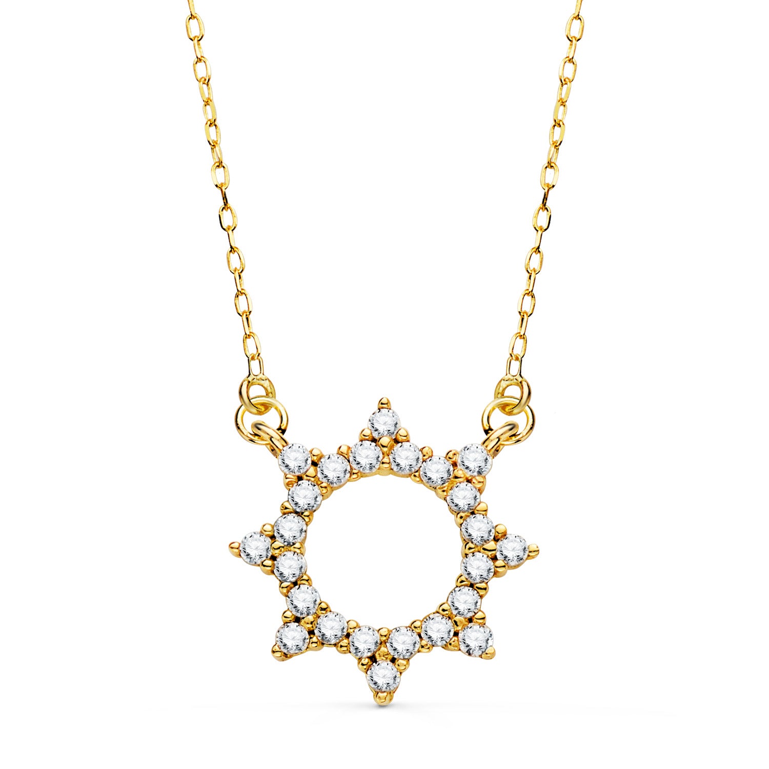 18K Collier en Or Jaune Pendentif Soleil 14 mm Chaîne Forçat 42 5 Cm