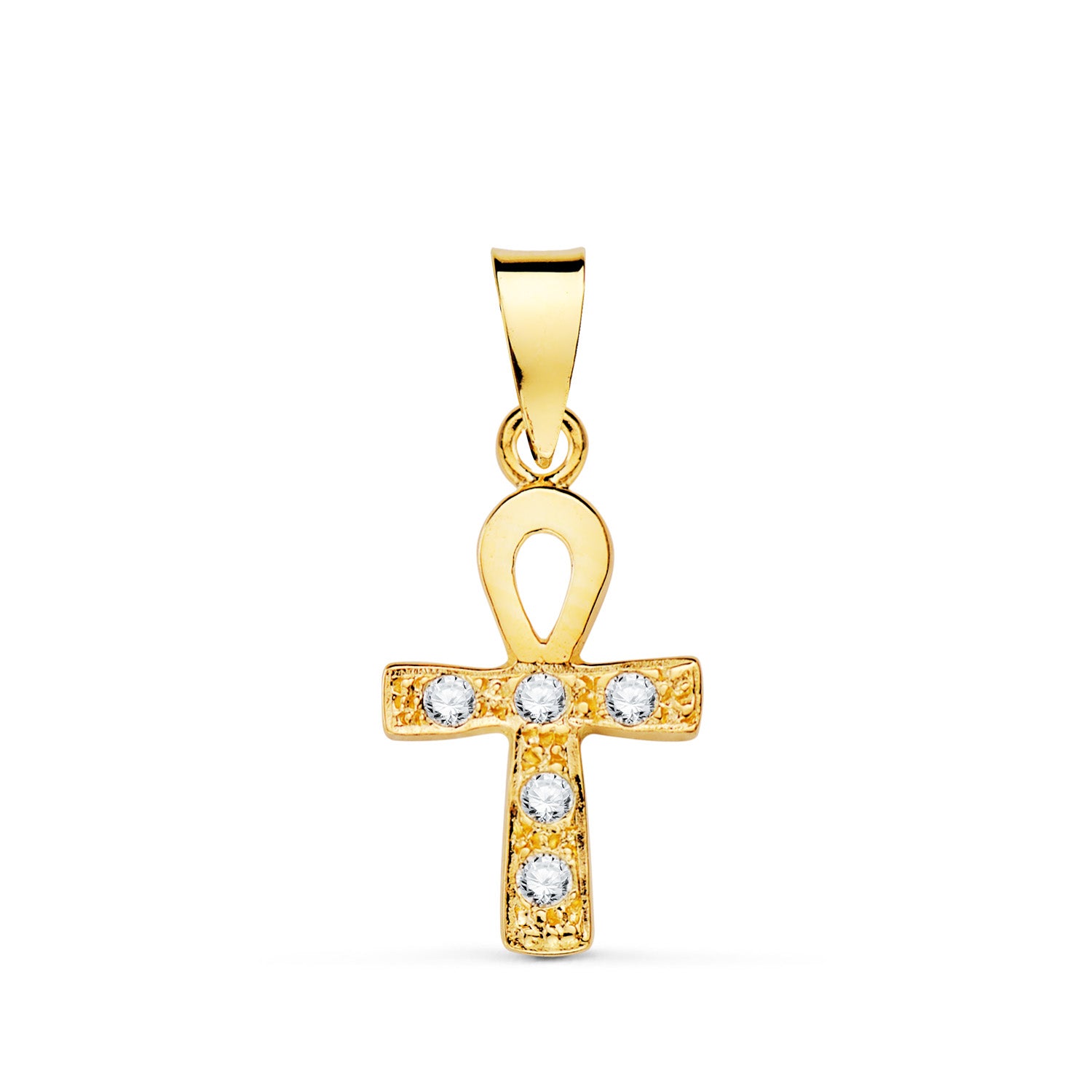 18K geelgouden Egyptisch kruis met witte zirkonia 14 x 10 mm
