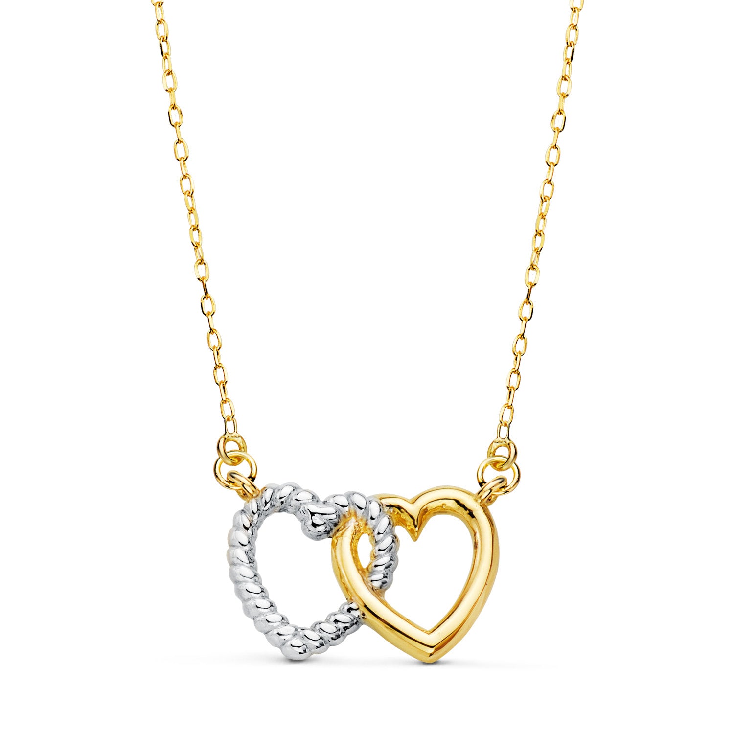 Collier en Or Bicolore 18K Deux Coeurs 13X9 mm Chaîne Forcée 42 3 Cm