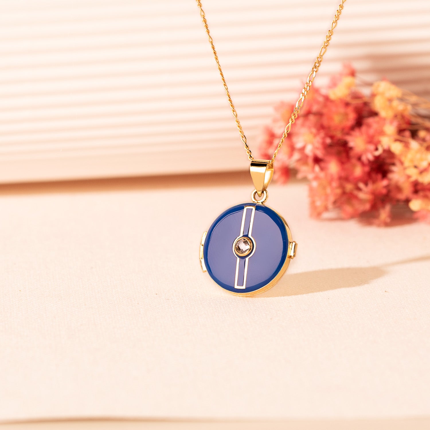 Pendentif Porte Photo Rond Or Jaune 18K Pendentif Émail Bleu Zircone 4MM Mesure: 21 mm