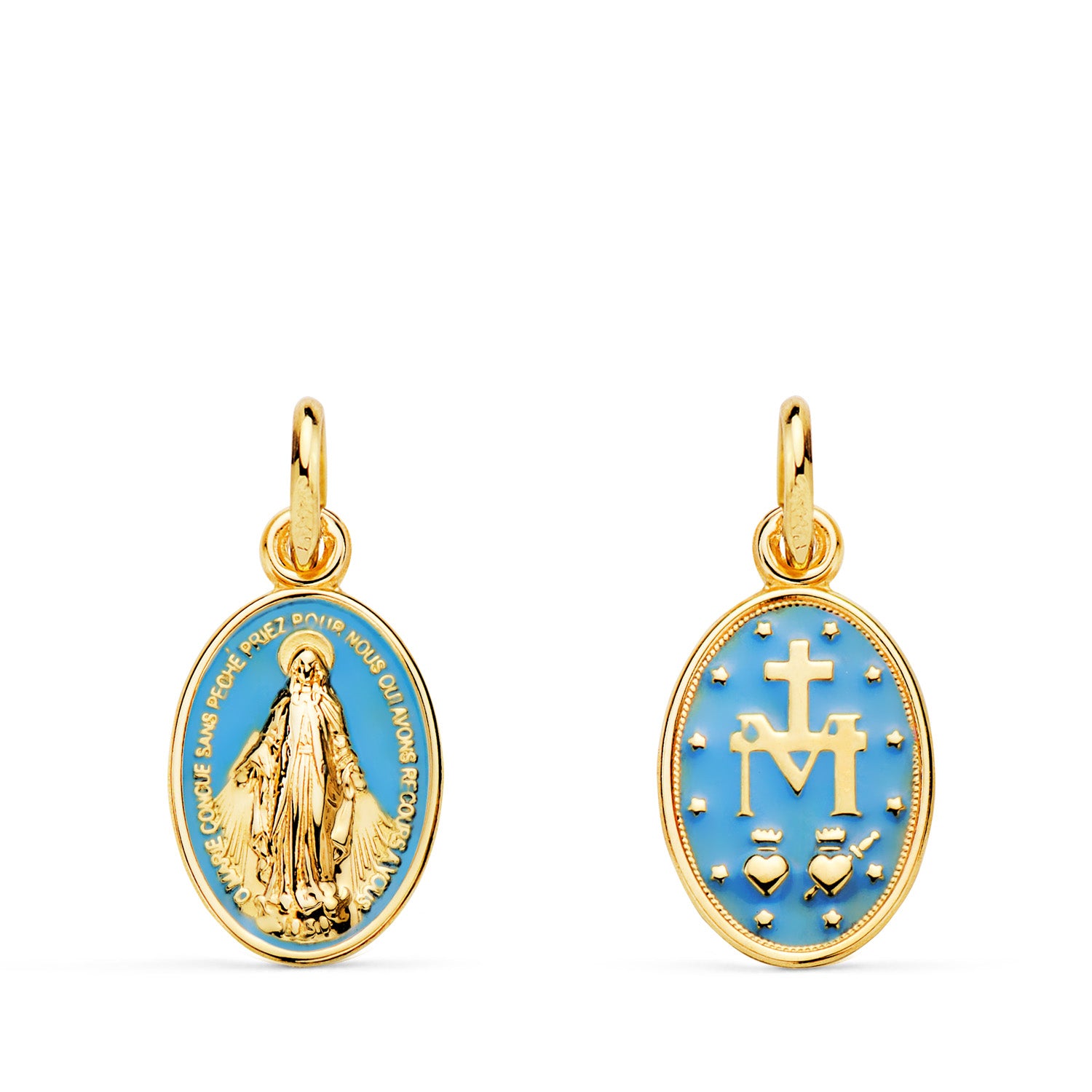 Médaille Or Jaune 18K Miraculous Vierge Ovale Émail Bleu Mesure: 16 X 10 mm