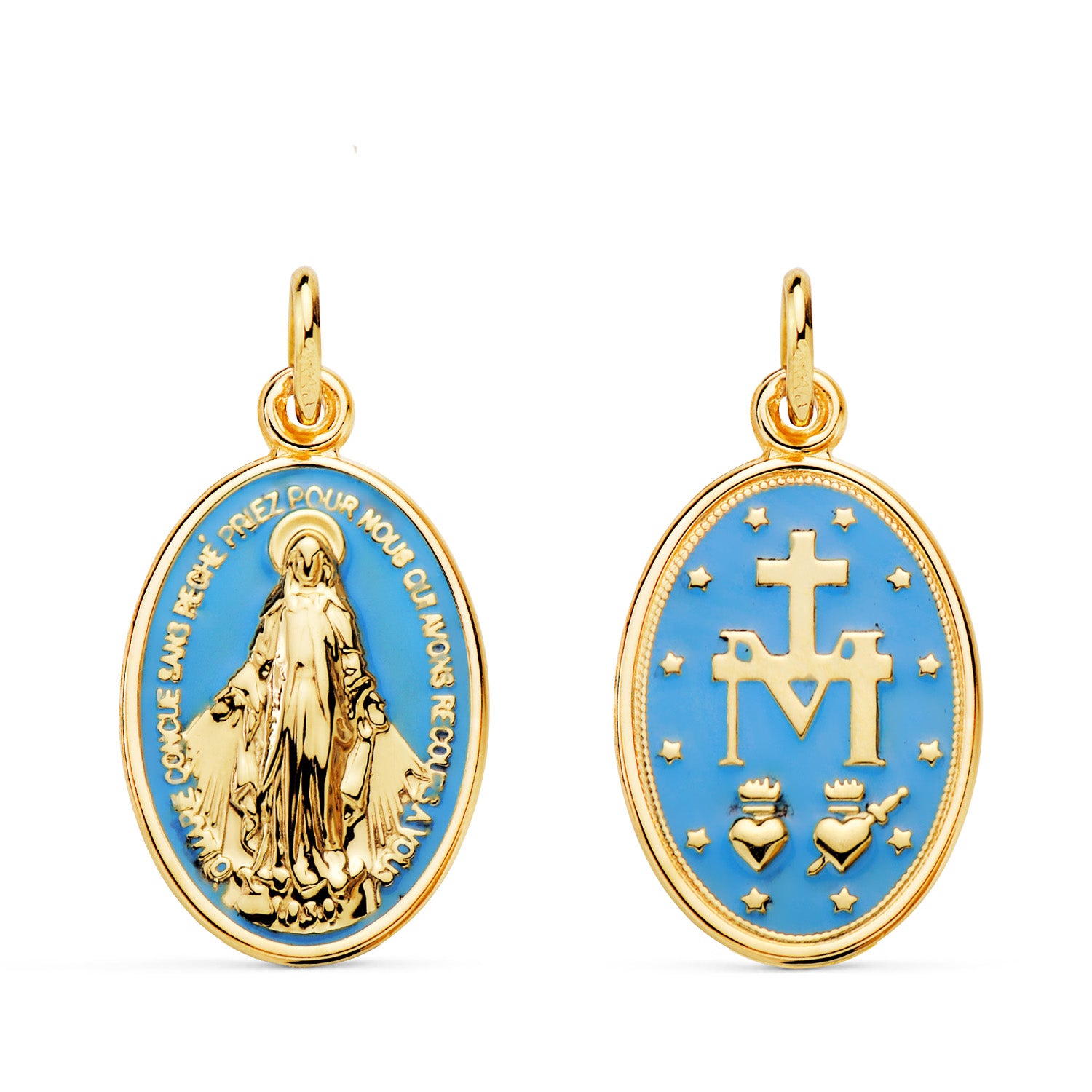 Médaille Or Jaune 18K Miraculous Vierge Ovale Émail Bleu Ciel Mesure: 20 X 14 mm