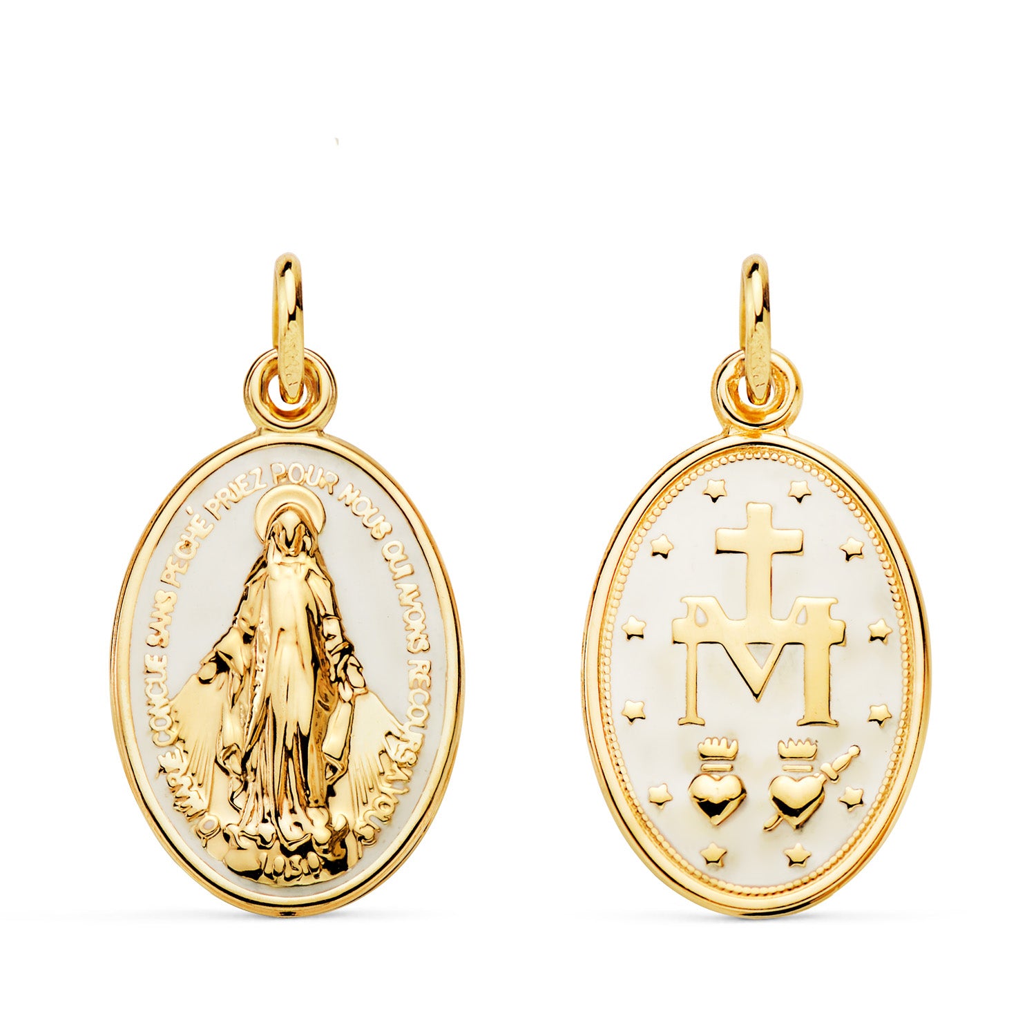 Médaille Or Jaune 18K Miraculous Vierge Ovale Émail Blanc Mesure: 20 X 14 mm