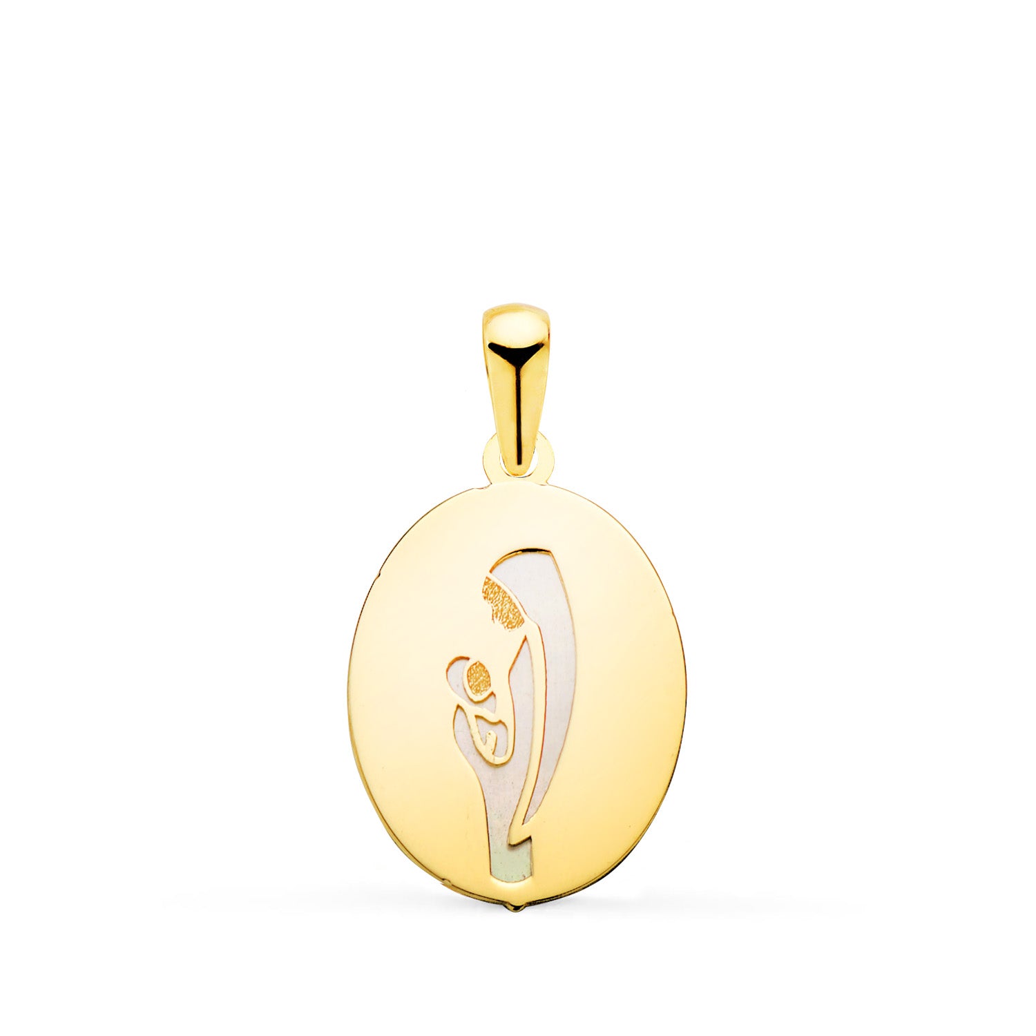 Médaille Dor Jaune 18K Vierge Ovale avec Nacar Blanc en Brillo Mesuré: 15X12 mm