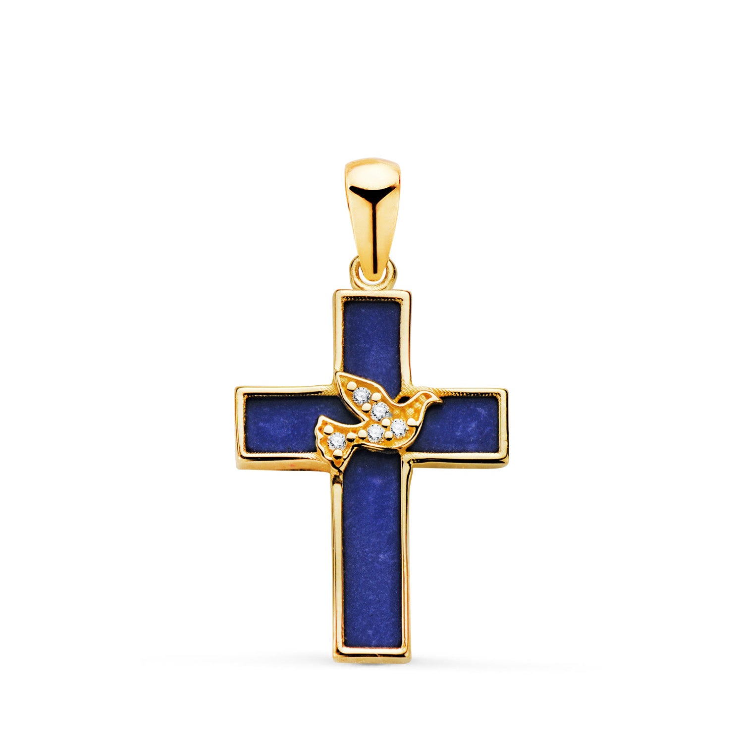 Croix en Or Jaune 18K Lapis-lazuli et Oiseau avec Pierres en Zircone Taille : 19 X 12,5 mm