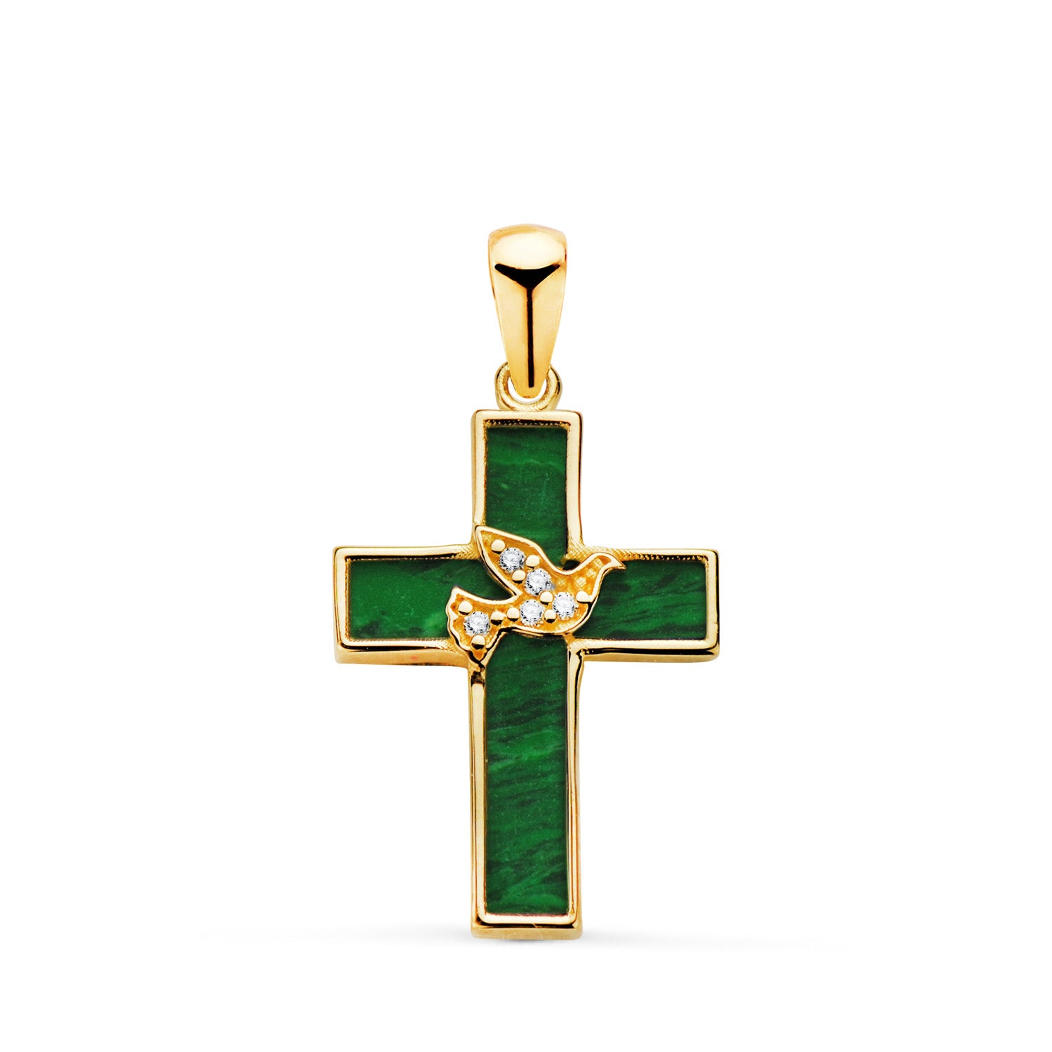 Croce in oro giallo 18 carati con malachite e zirconi. Dimensioni dell'uccello: 19 x 12,5 mm