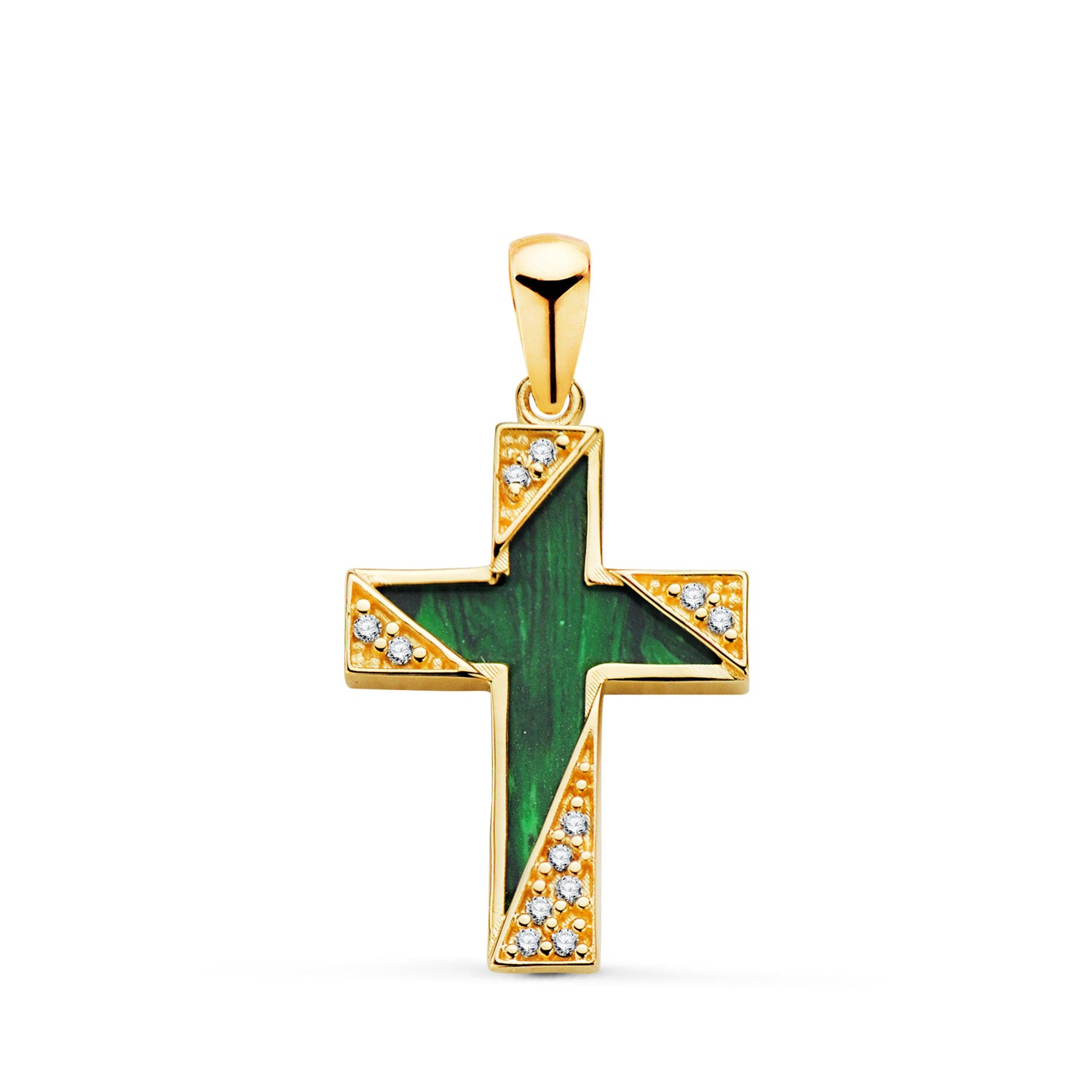 Croix en Malachite en Or Jaune 18K avec Détails en Zircone Taille : 19 X 12,5 mm