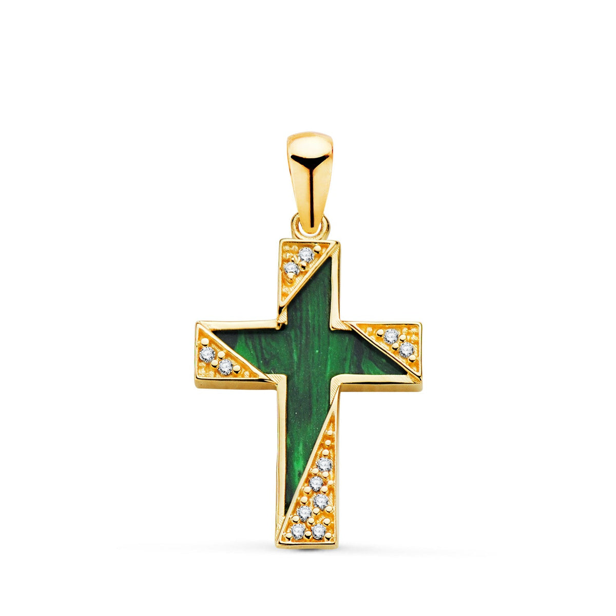 Croix géométrique pierre fine et zirconium – Or jaune 18 carats – Malachite