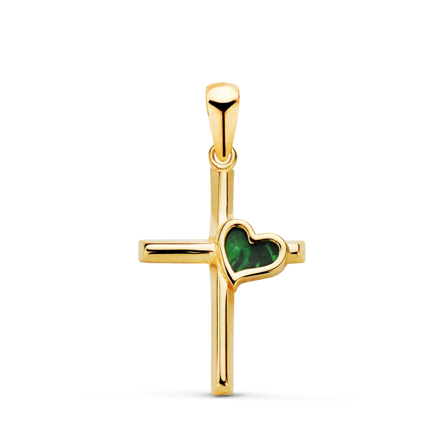 Croix en Or Jaune 18K avec C?ur en Malachite Taille : 18 X 12 mm