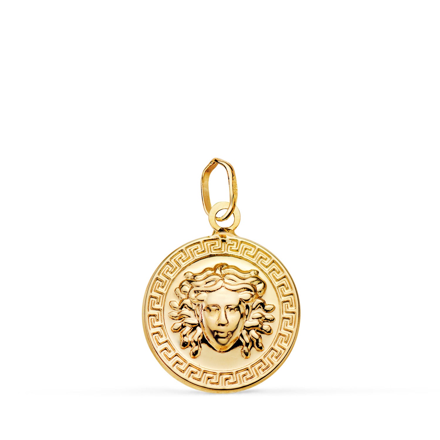 18 K sárga arany Medusa Greca Brillo érem Mérete: 15 mm