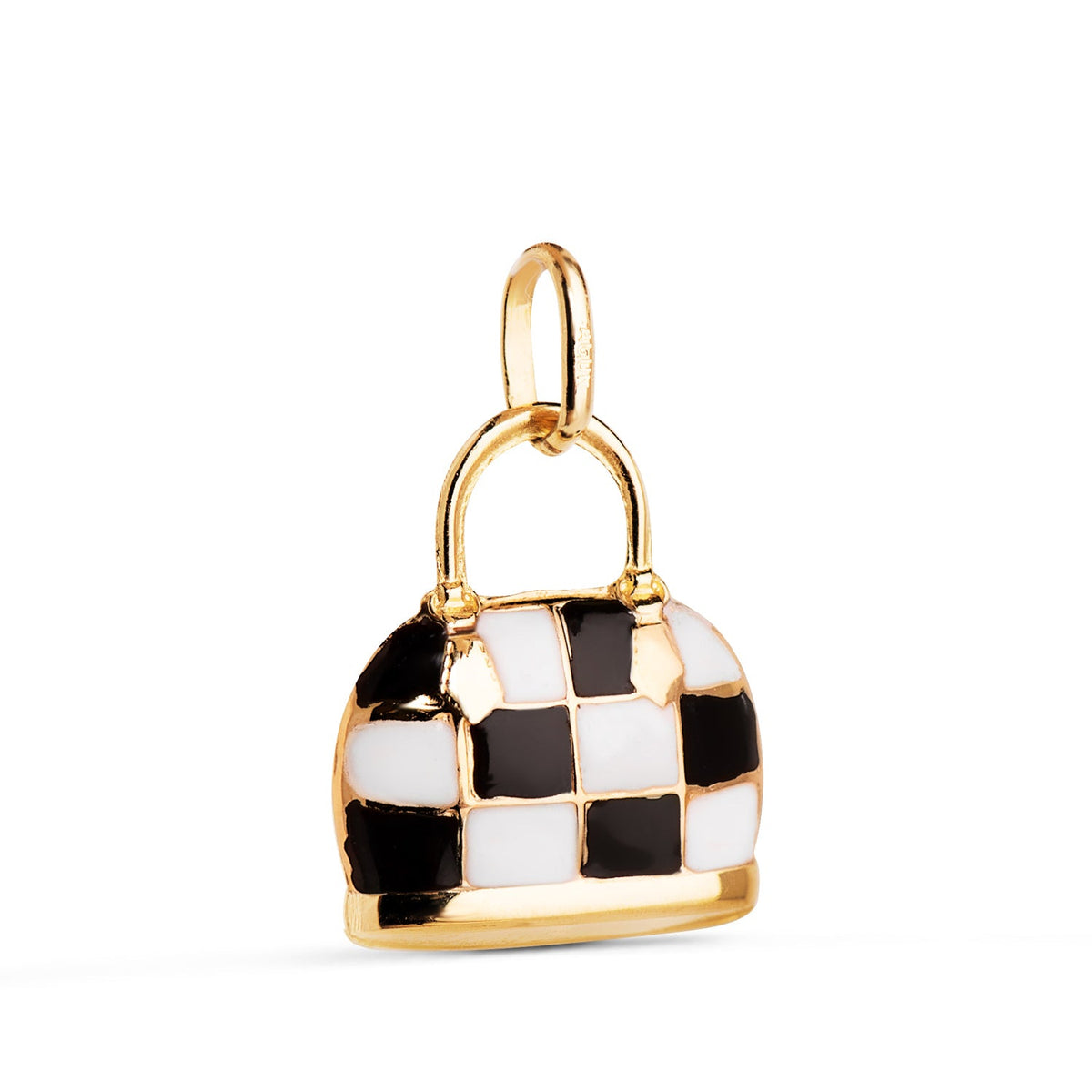 Pendentif sac damier émail – Or jaune 18 carats – Noir et blanc