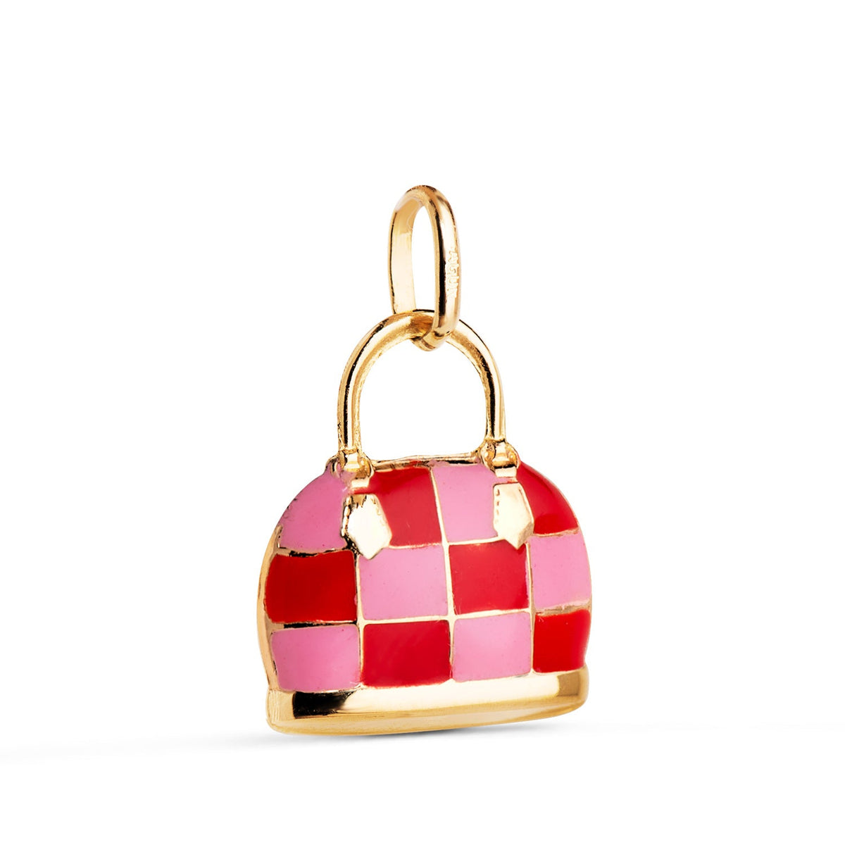Pendentif sac damier émail – Or jaune 18 carats – Rouge et rose