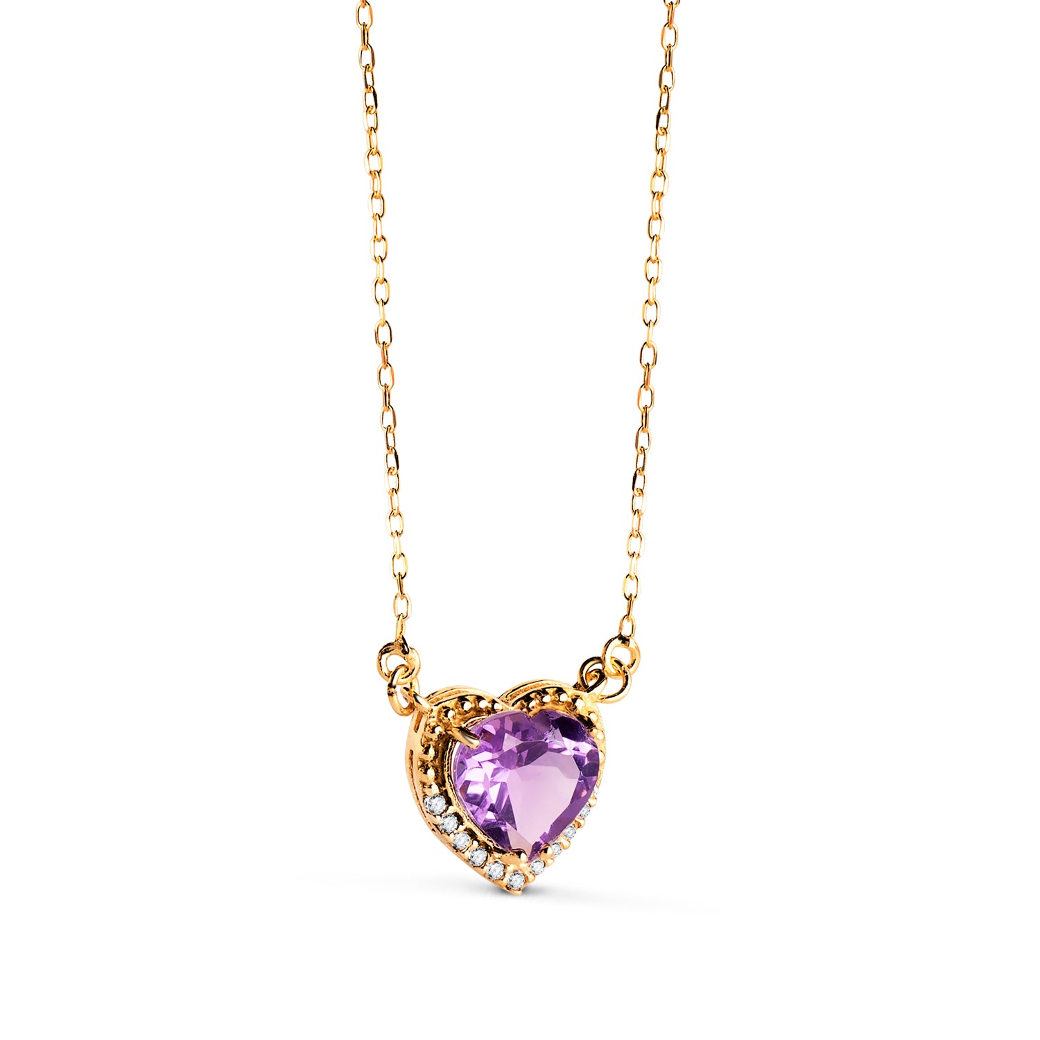 Collier Ras de Cou en Or Jaune 18K avec C?ur en Améthyste Chaîne en Zircone 7MM 40-2CM