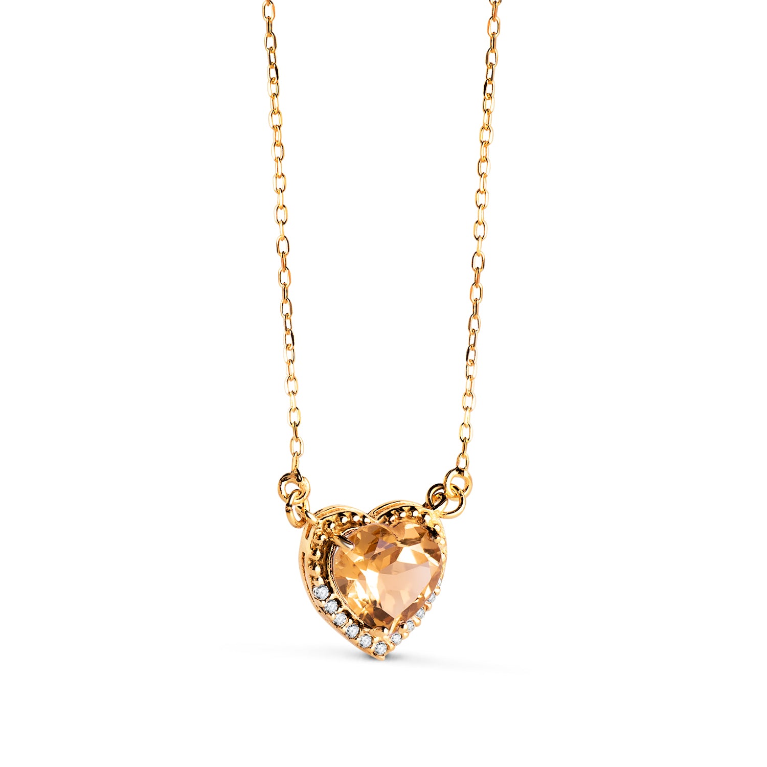 Collier Or Jaune 18K Coeur Citrine 7MM Citrine Zirconia Chaîne 40-2CM