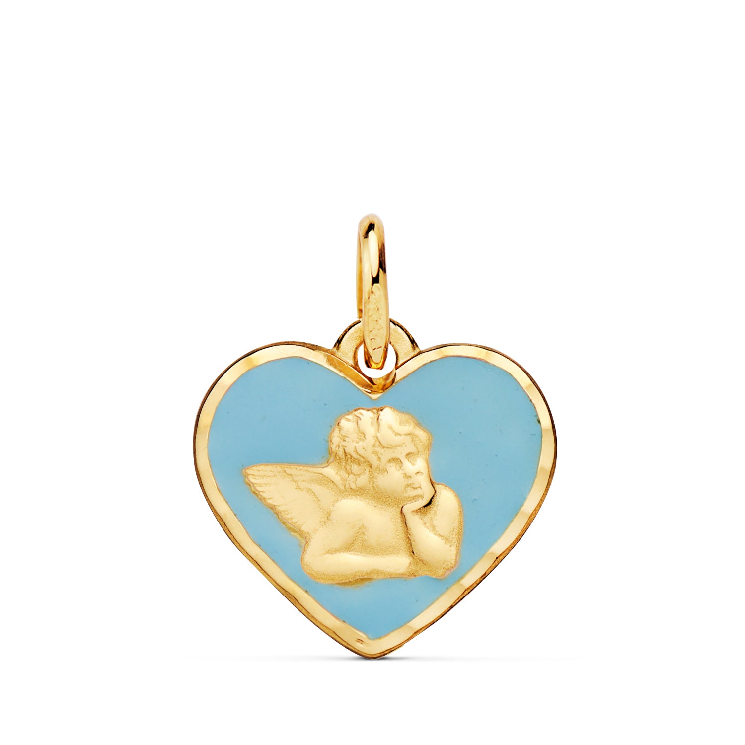 Médaille Or Jaune 18K Coeur Ange Moqueur Émail Bleu 14 mm