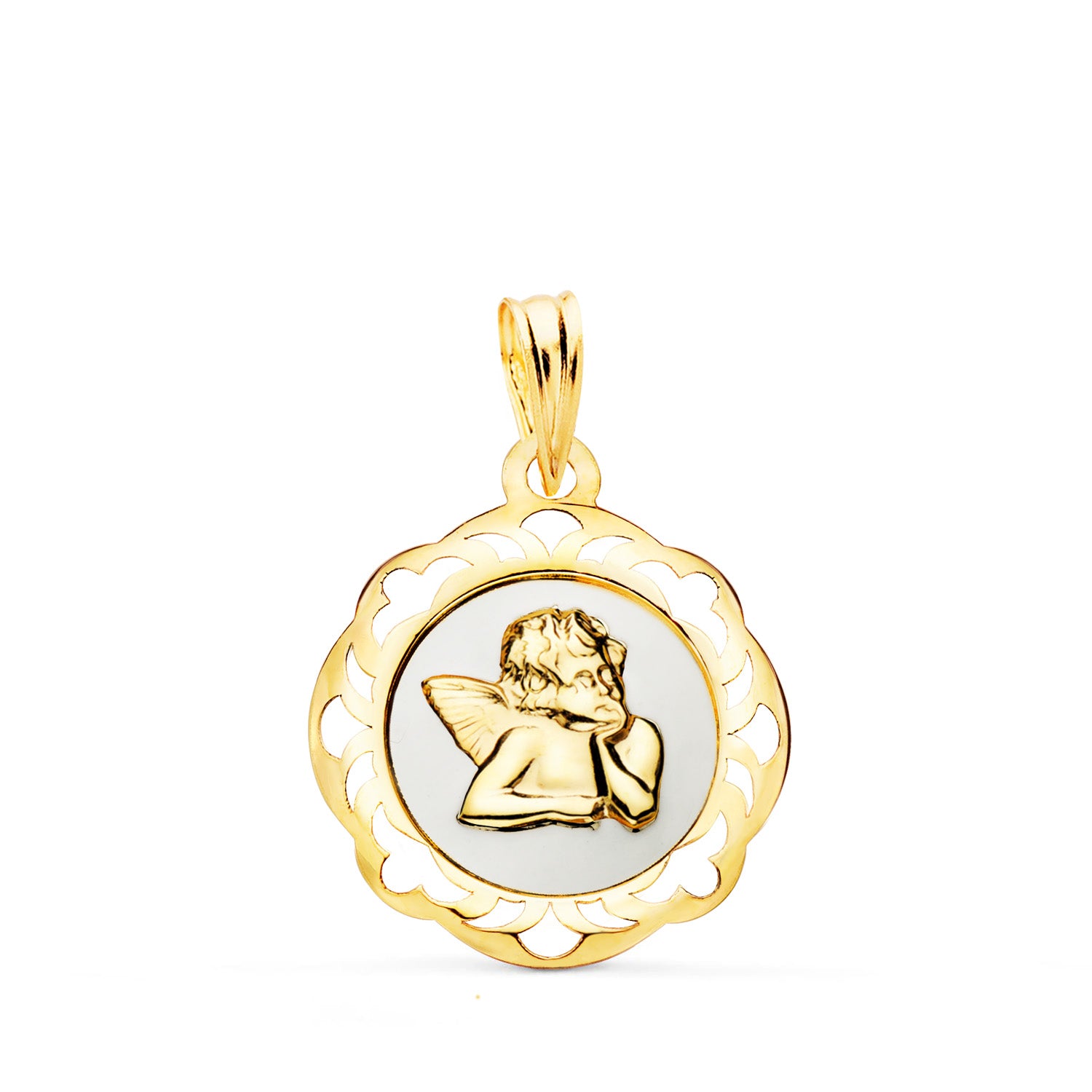 Médaille Ange en Or Jaune 18K avec Émail Blanc et Bordure Ajourée Brillante 20X18 mm